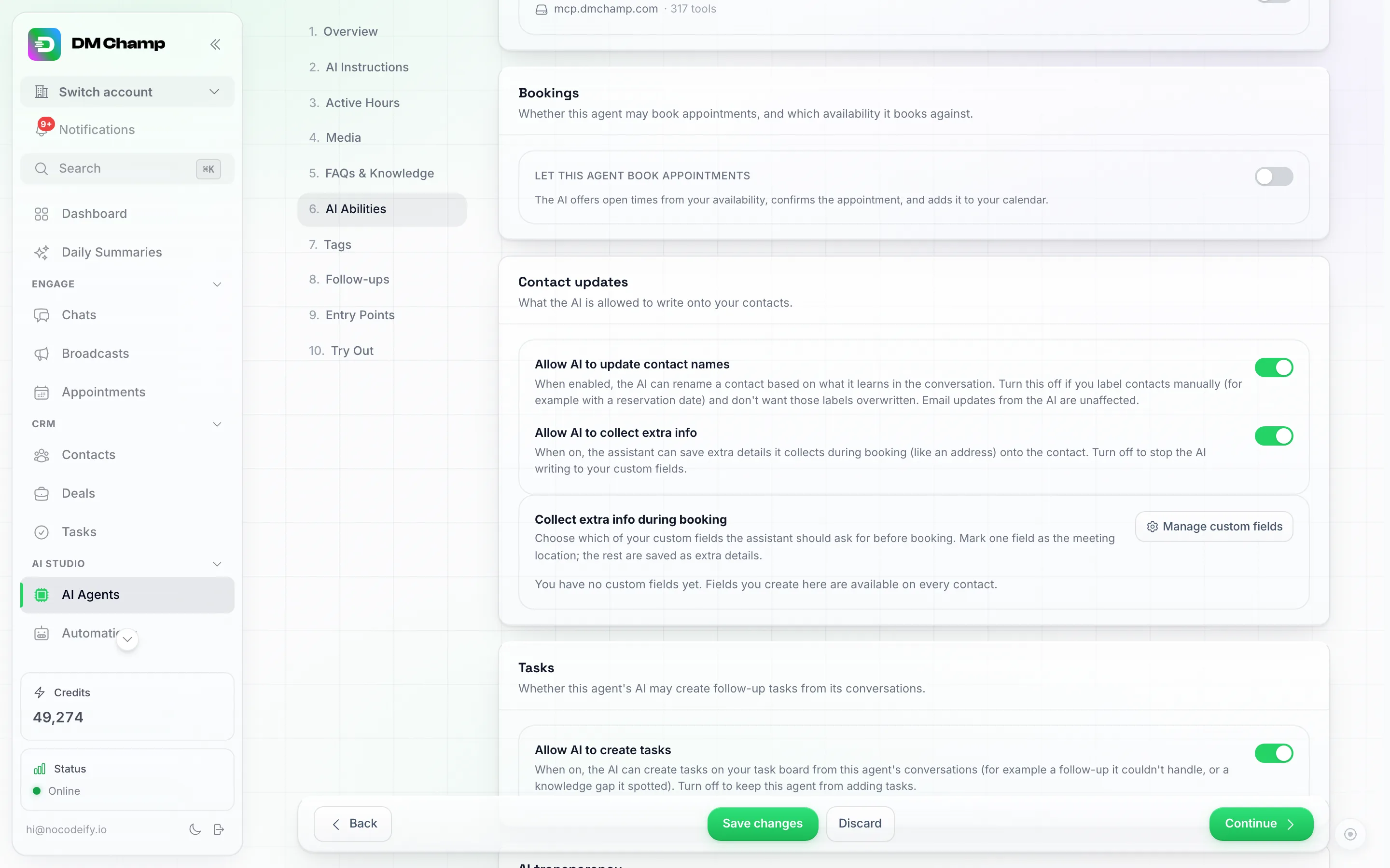 The agent editor's AI Abilities step with Allow AI to collect extra info switched on, revealing the Collect extra info during booking card with its Manage custom fields button
