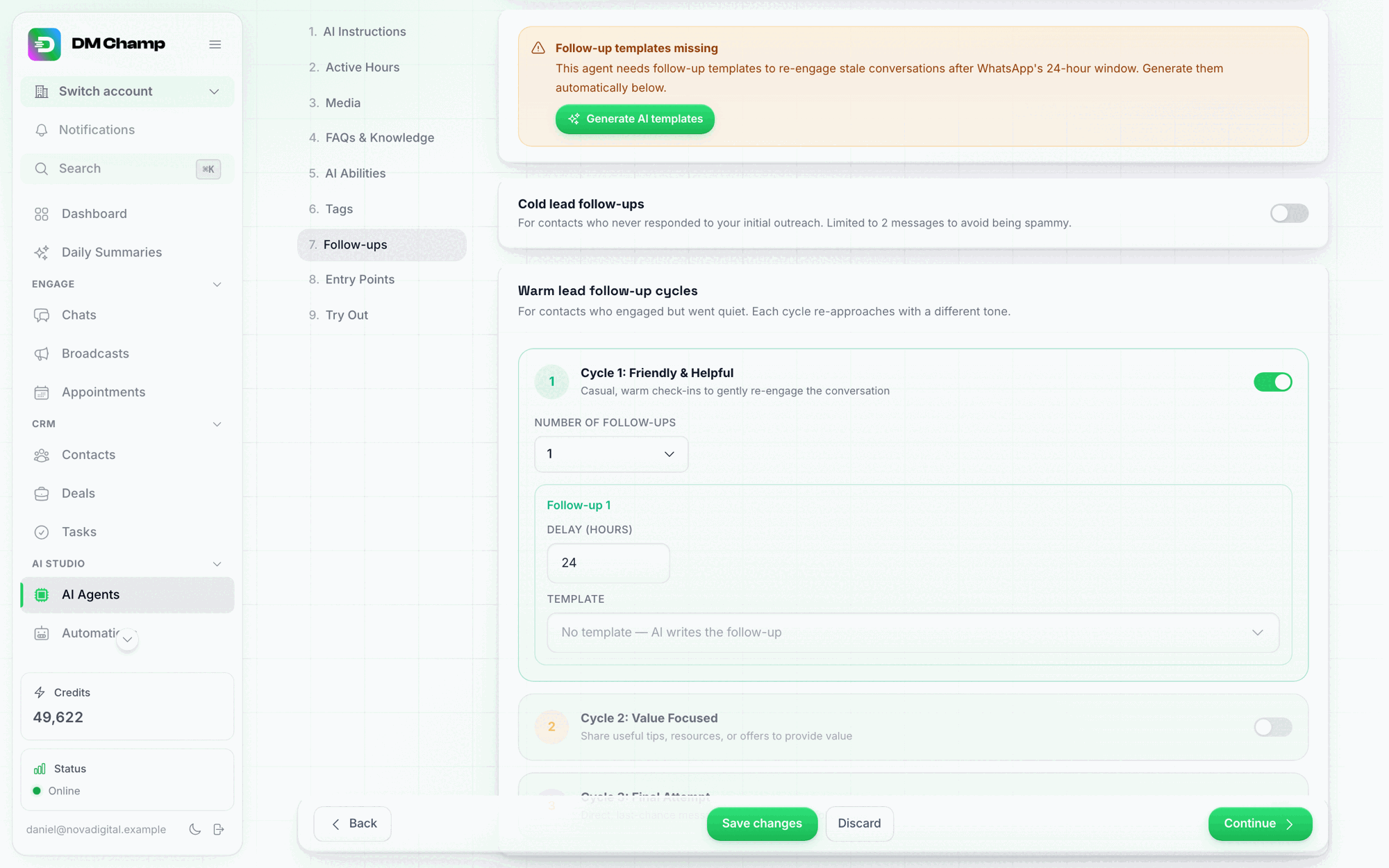 The agent editor's Follow-ups step scrolled to Warm lead follow-up cycles, with Cycle 1 (Friendly & Helpful) and Cycle 2 (Value Focused) both expanded showing their delay-hours field and template picker, Cycle 3 still off