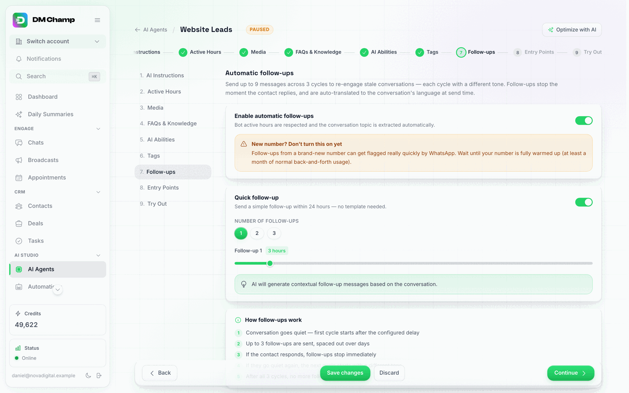 The agent editor's Follow-ups step enabled, showing the Quick follow-up card with number picker and delay slider, plus the How follow-ups work explainer