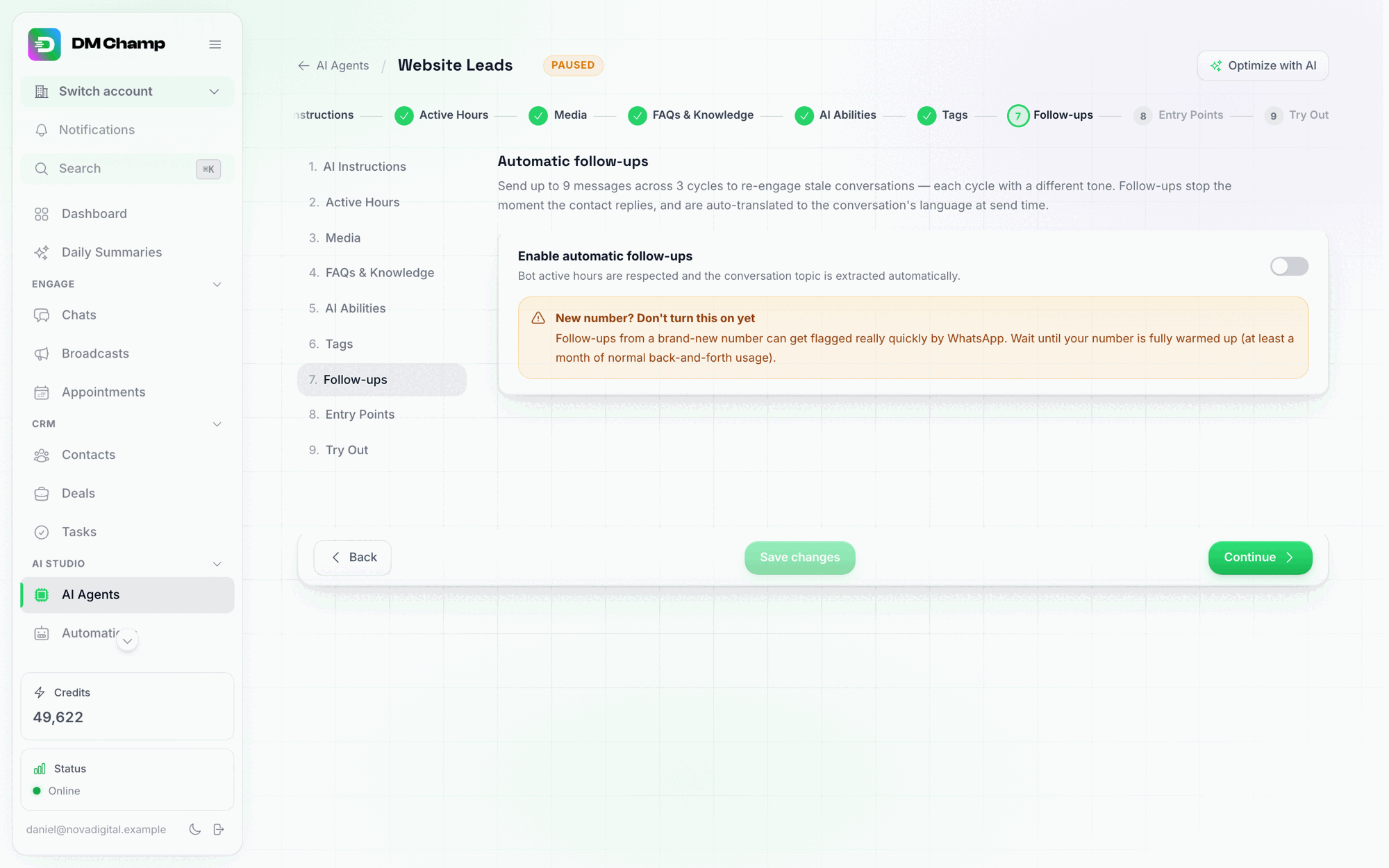 The agent editor's Follow-ups step with the Enable automatic follow-ups toggle off and a warm-up warning for new numbers