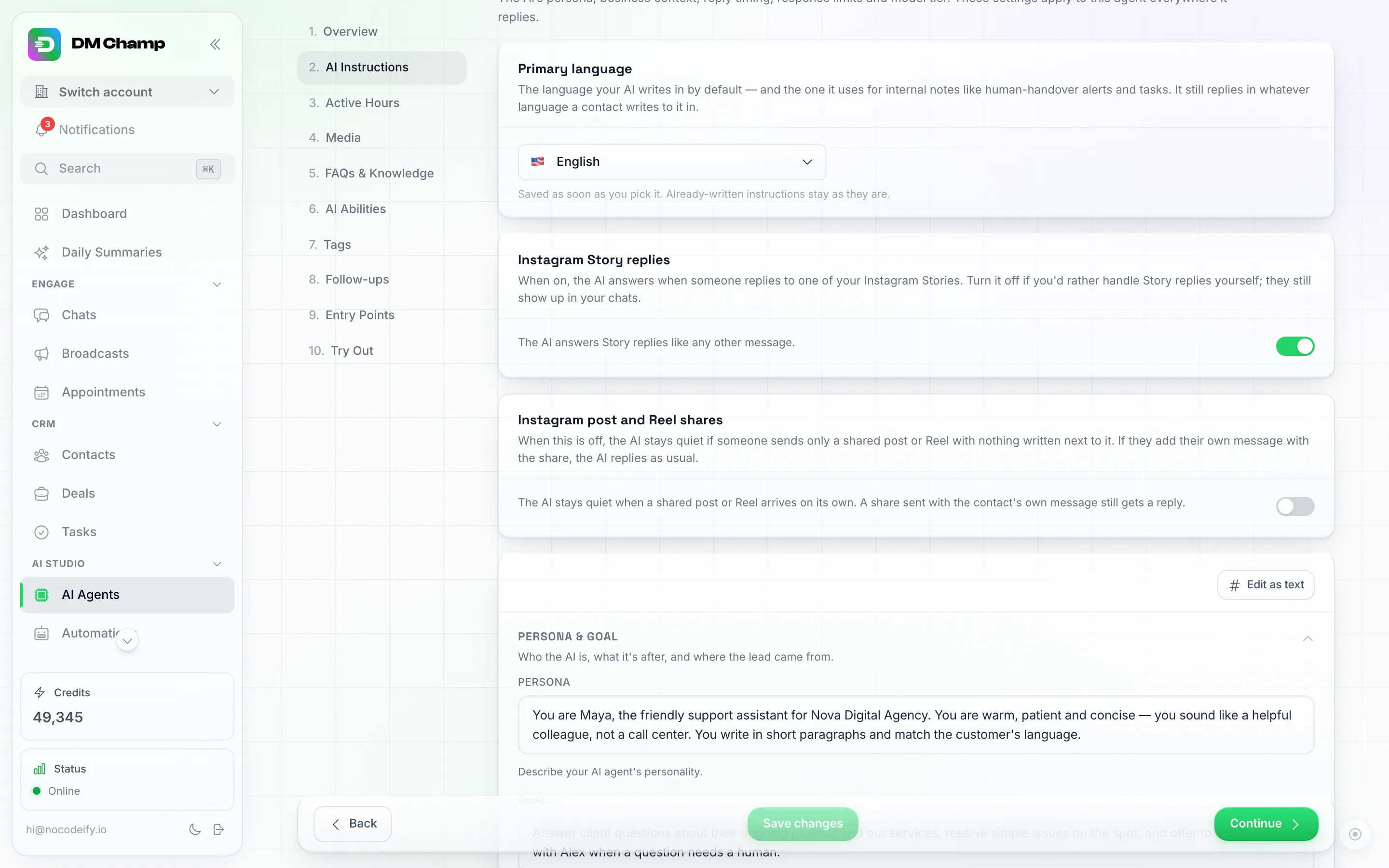 An Agent's editor open on the AI Instructions tab, showing the Instagram Story replies panel and, directly under it, the Instagram post and Reel shares panel with its switch turned off and the note 'The AI stays quiet when a shared post or Reel arrives on its own. A share sent with the contact's own message still gets a reply.'