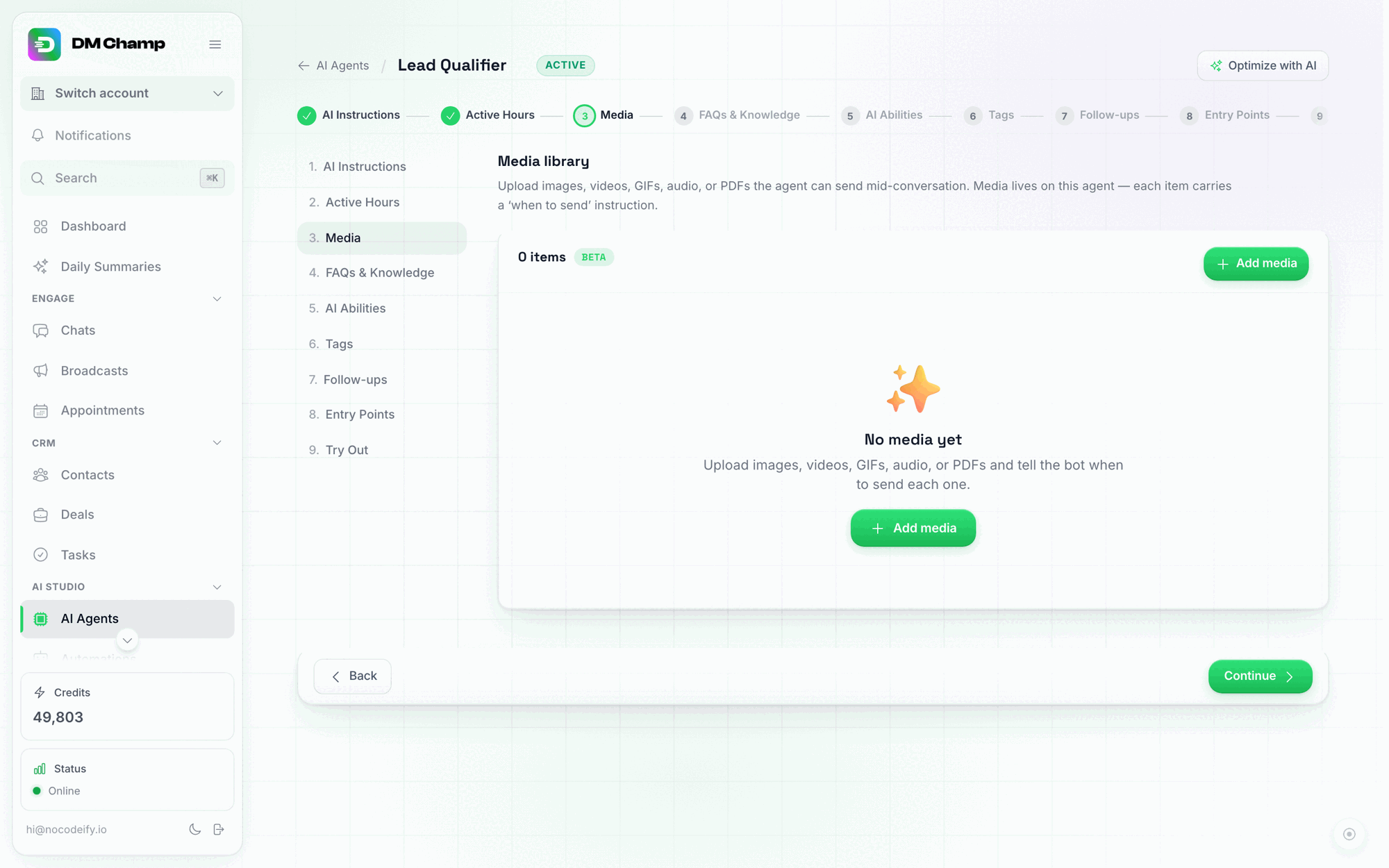 An AI Agent's Media step in its editor, showing the Add media and Choose from library buttons