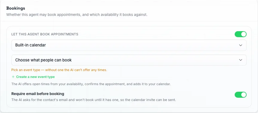 The Bookings panel on an agent's AI Abilities tab with Let this agent book appointments on, Built-in calendar as the provider, and the Require email before booking switch turned on below the event type picker