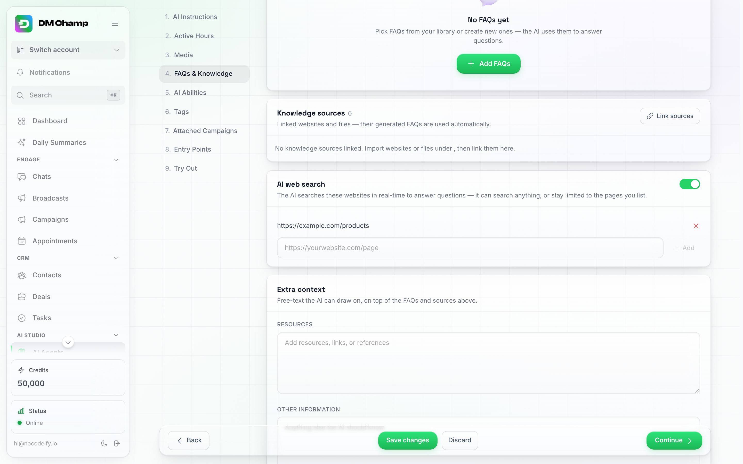 The AI web search section switched on, showing one Dynamic URL added (https://example.com/products) and an input to add another