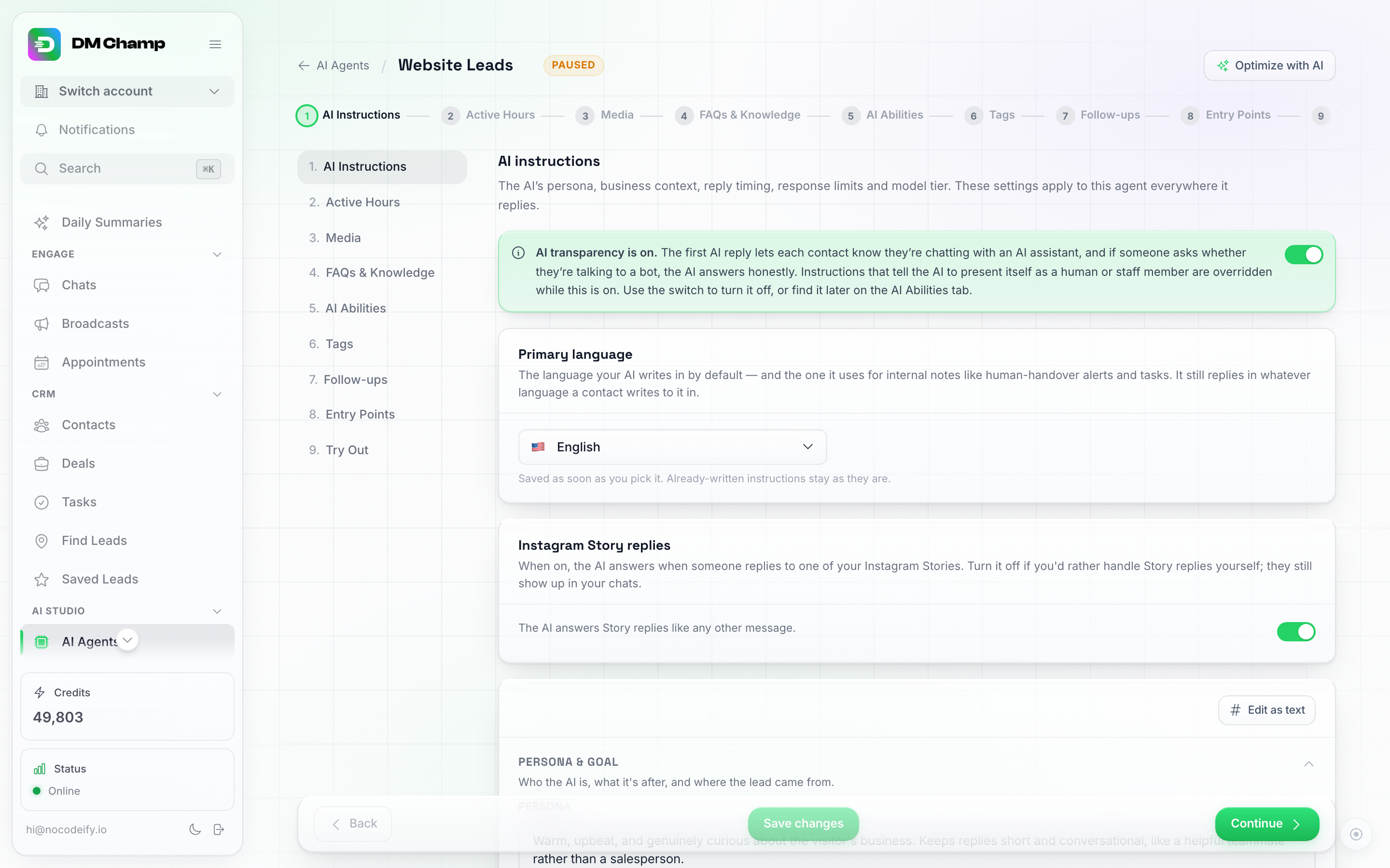 The agent editor's AI Instructions step, showing Primary language at the top and the collapsible Persona & Goal, Business Context, Conversation Behavior, and Escalation & Wrap-up sections with an Edit as text button