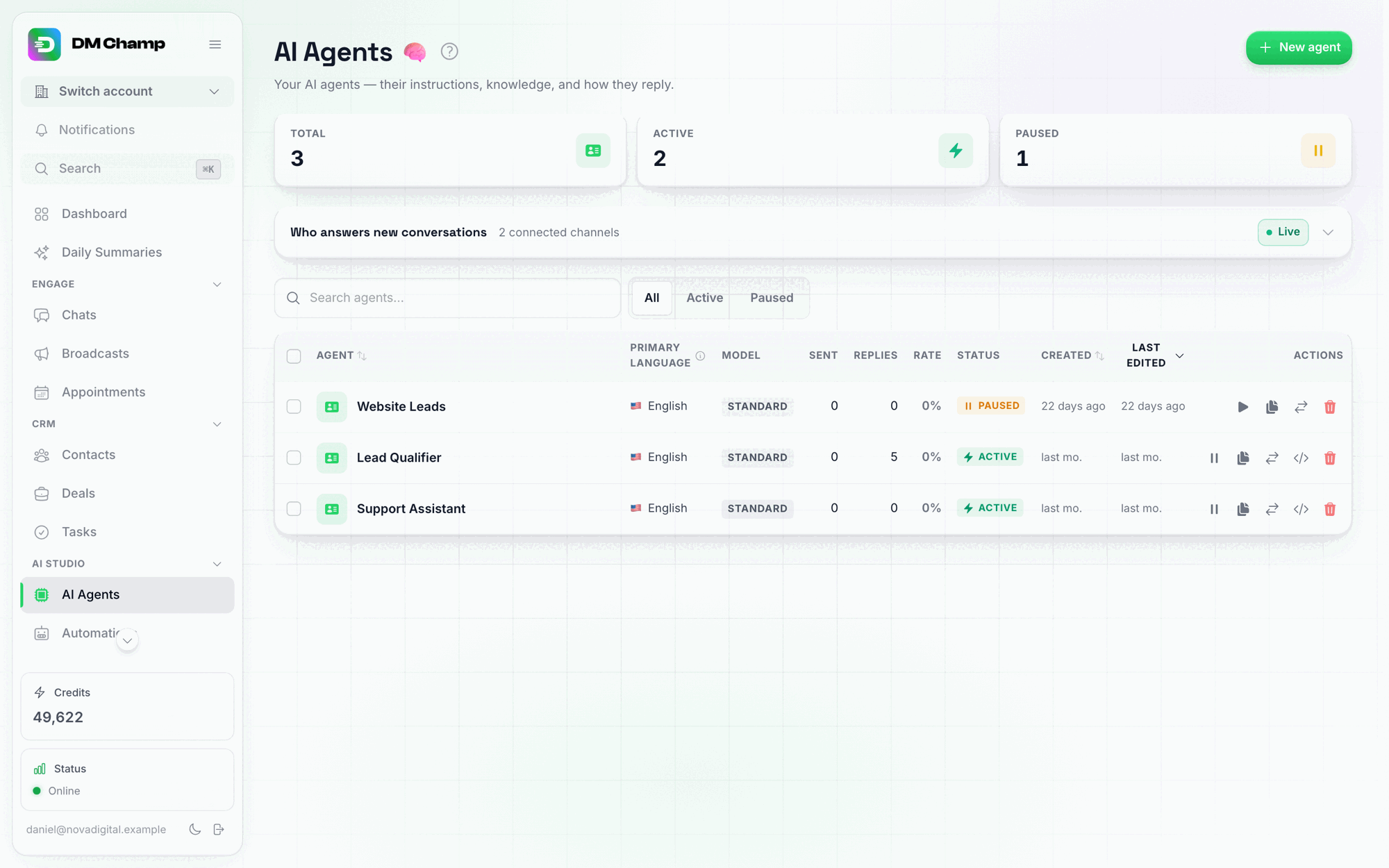 The AI Agents page, showing stat cards, the Who answers new conversations panel, filter chips, and a table of agents