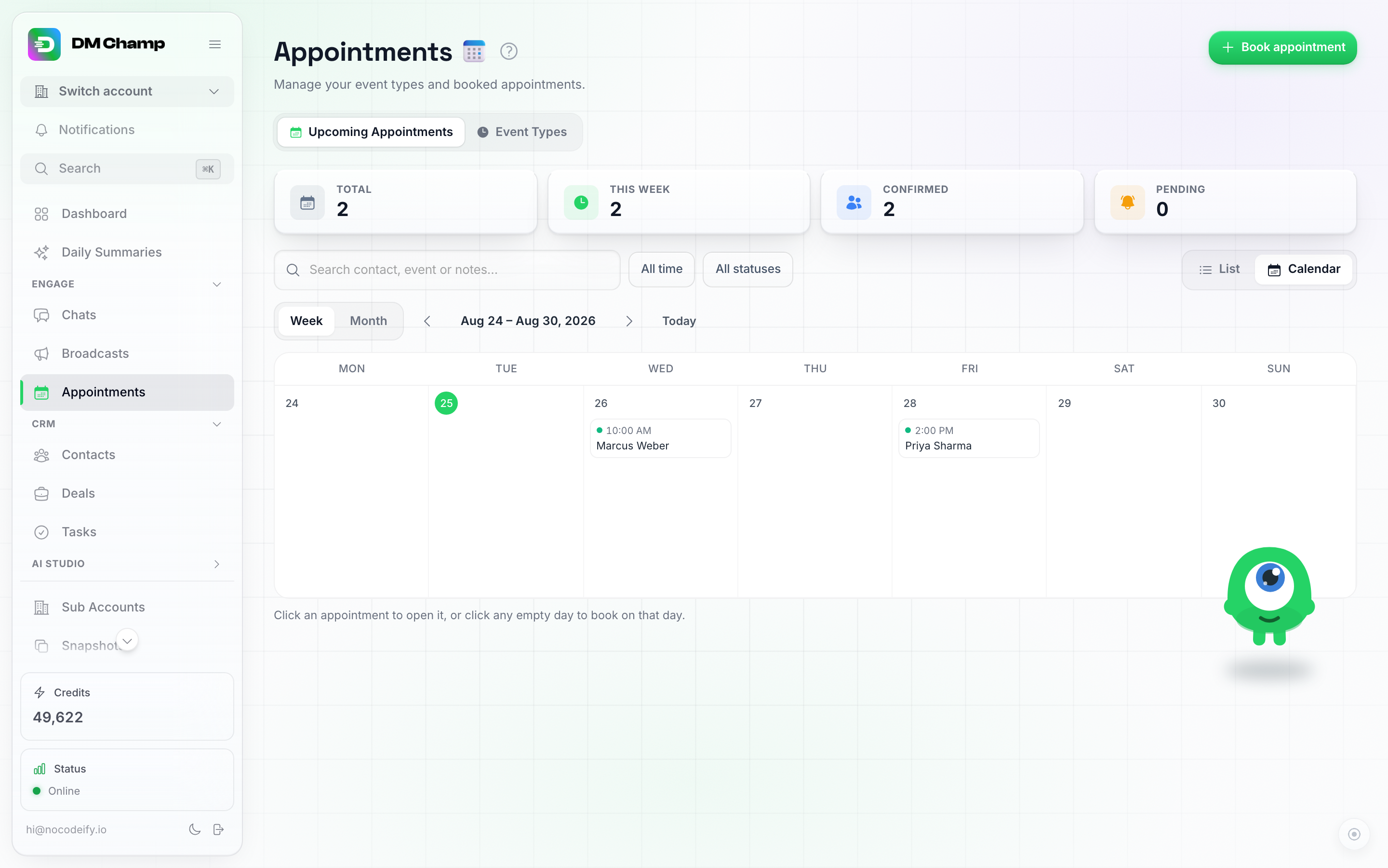 A aba Próximos Agendamentos na visualização de calendário, mostrando uma grade semanal com cartões de agendamento contendo o horário, nome do contato e ponto de status