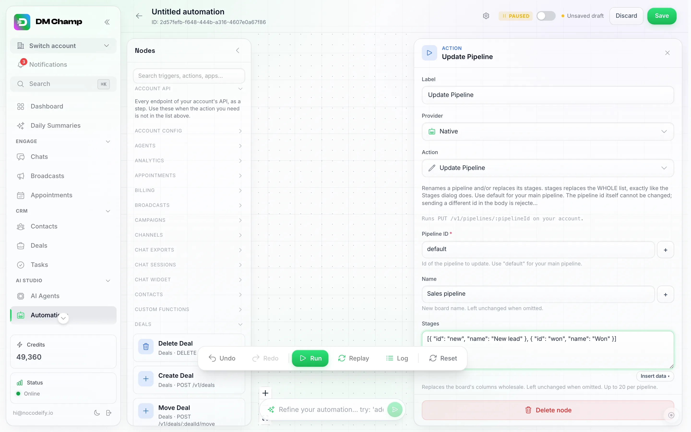 O painel de configurações para uma etapa Update Pipeline, mostrando Label e Provider Native, um seletor de Action lendo Update Pipeline, a linha Runs PUT /v1/pipelines/:pipelineId on your account, um campo obrigatório Pipeline ID preenchido com default, um campo Name lendo Sales pipeline, e uma caixa Stages contendo uma lista JSON de dois estágios
