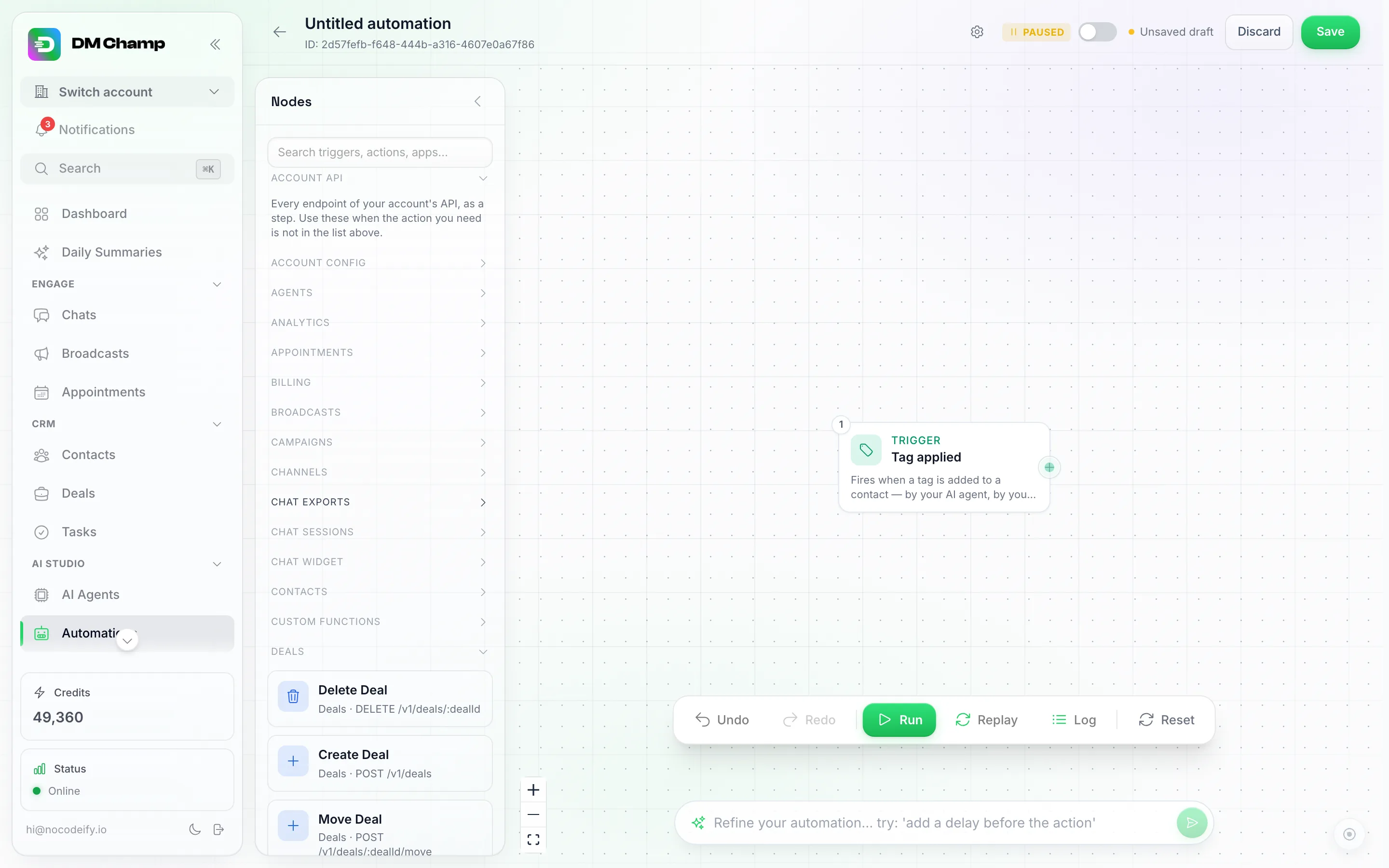 A paleta de Nós do editor de automação com a seção Account API aberta, mostrando a linha Every endpoint of your account's API, as a step, seguida pelos cabeçalhos de área recolhidos Account Config, Agents, Analytics, Appointments, Billing, Broadcasts, Campaigns, Channels, Chat Exports, Chat Sessions, Chat Widget, Contacts, Custom Functions e Deals, com Deals aberto para revelar os cartões Delete Deal, Create Deal e Move Deal, cada um contendo seu método e endereço
