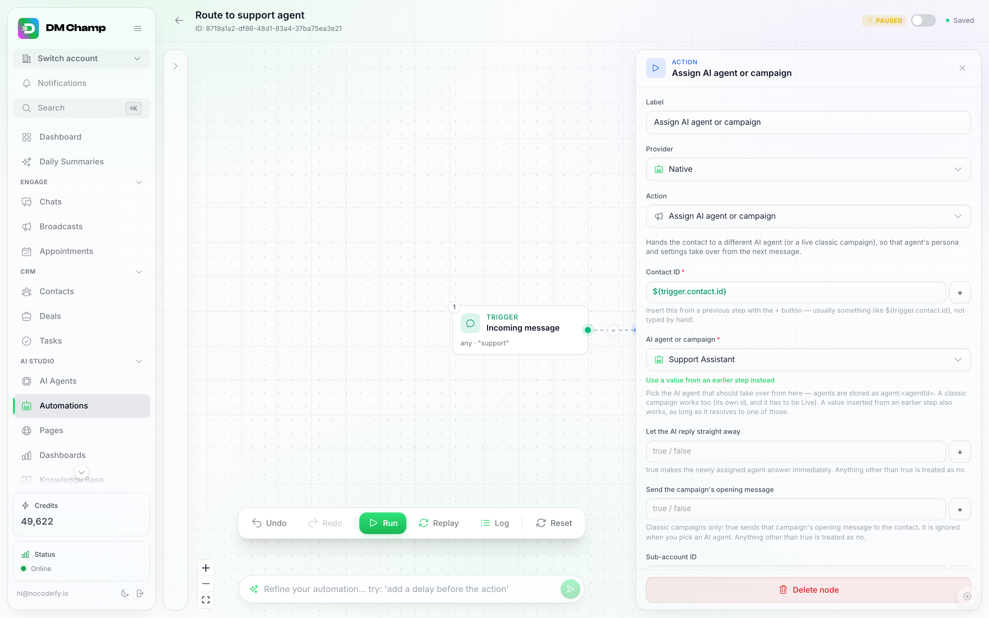 An automation open in the builder with the Assign AI agent or campaign step selected. The settings panel shows the Contact ID field, the AI agent or campaign dropdown with an agent chosen, and the Let the AI reply straight away field.