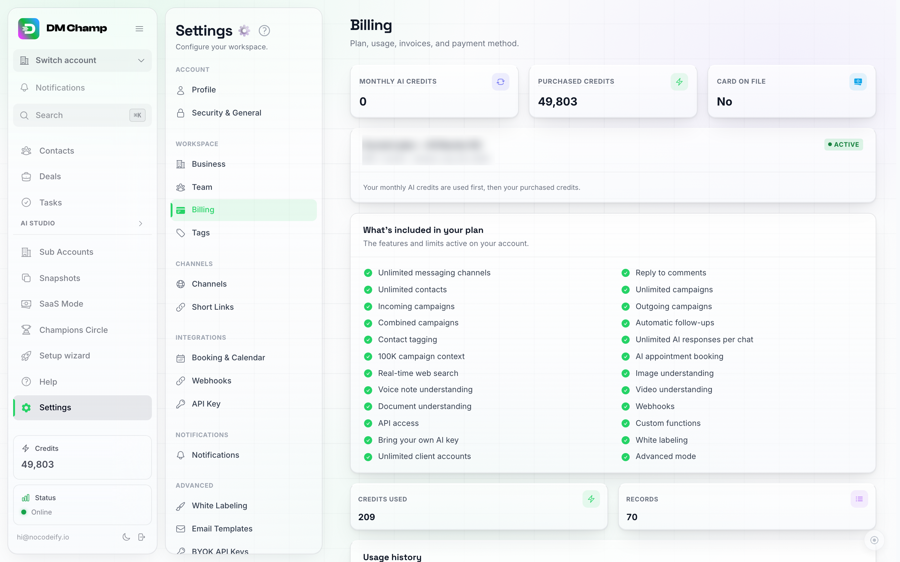A página de Faturamento, mostrando os blocos de status de créditos de IA mensais, créditos comprados e cartão registrado, o cartão do plano atual e a lista do que está incluído no seu plano