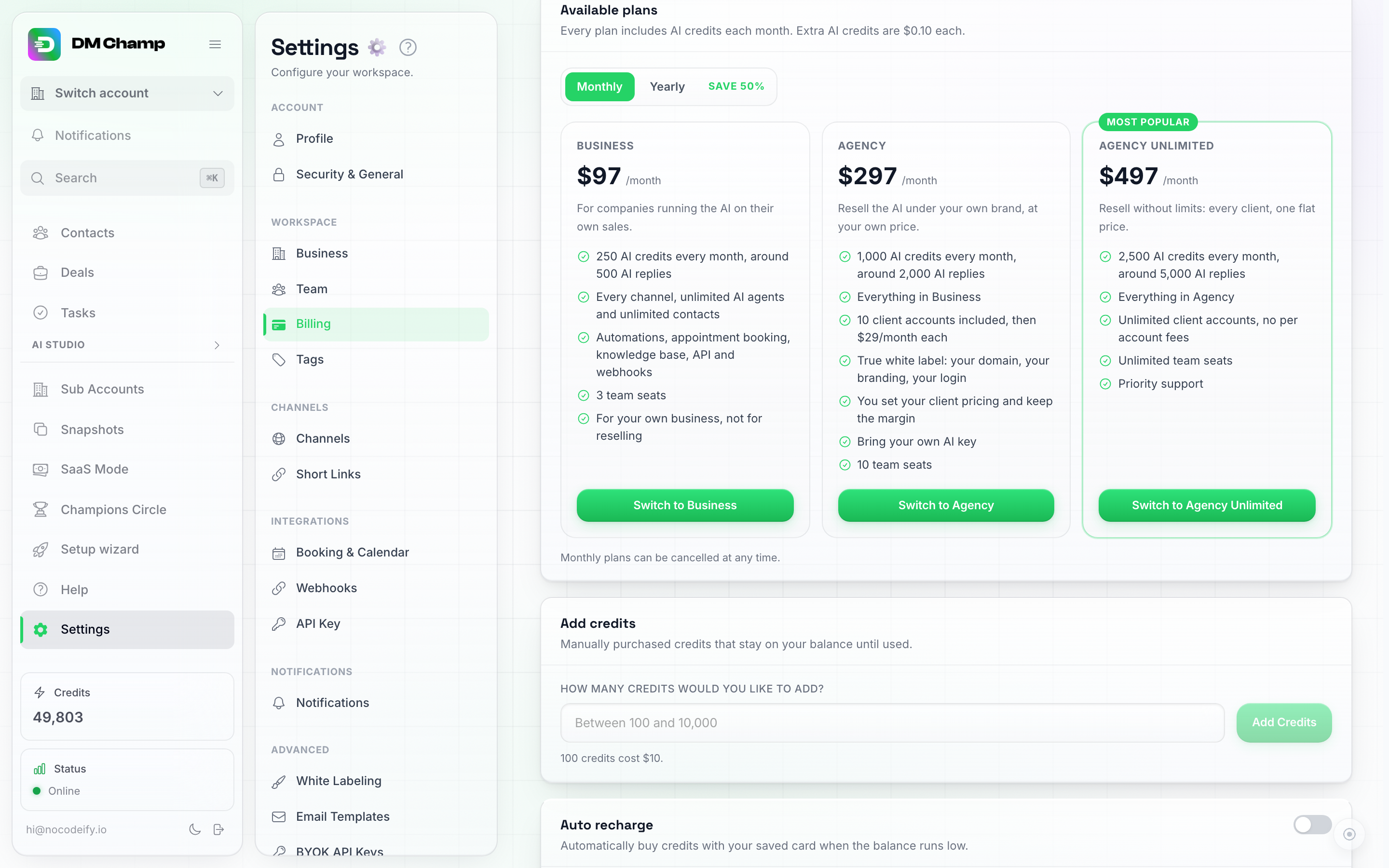 O cartão de Planos disponíveis, mostrando Business, Agency e Agency Unlimited lado a lado com um seletor Mensal / Anual, pontos de funcionalidades e botões Mudar