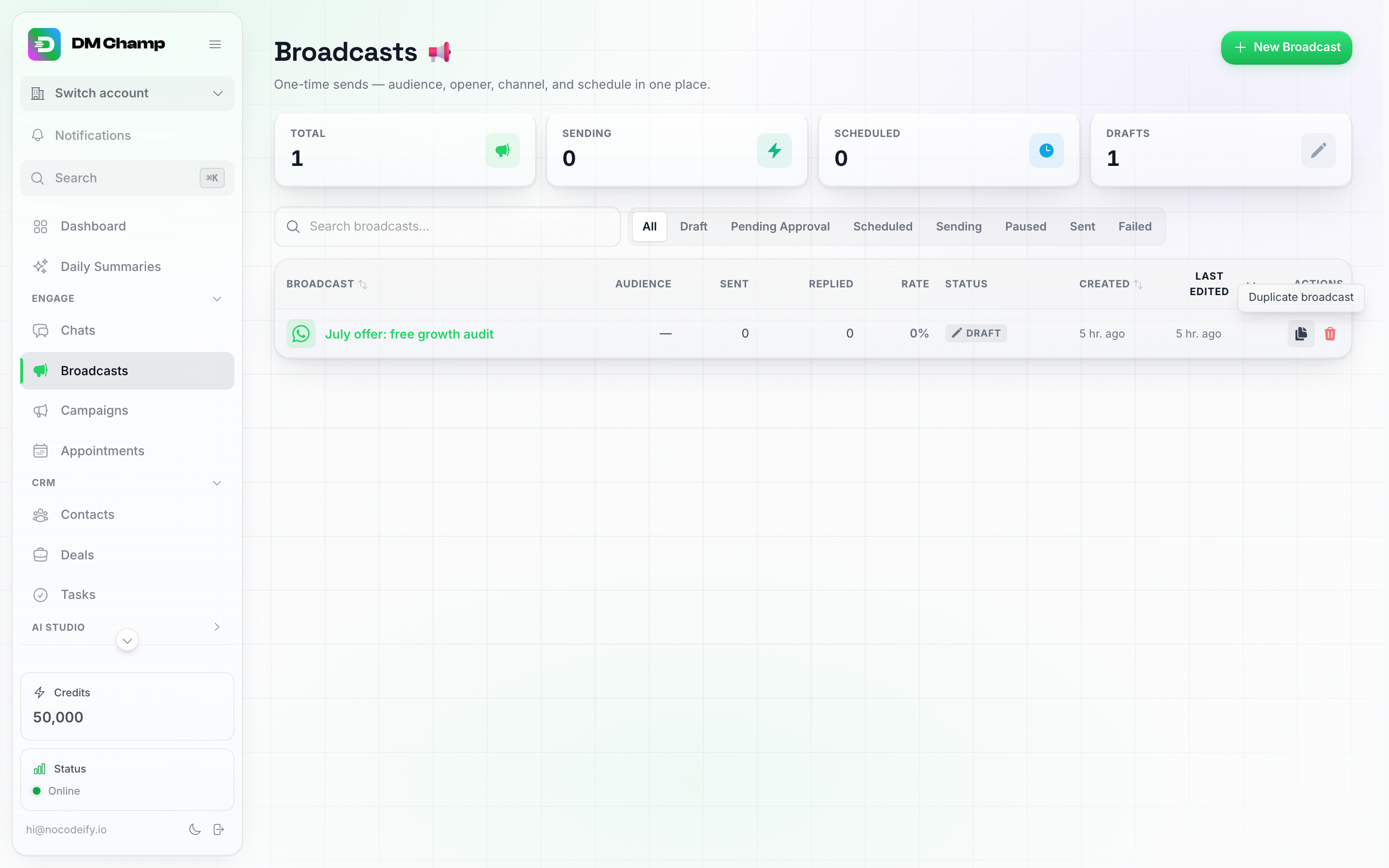 The Broadcasts list with the Duplicate broadcast tooltip showing over the row's copy icon in the Actions column