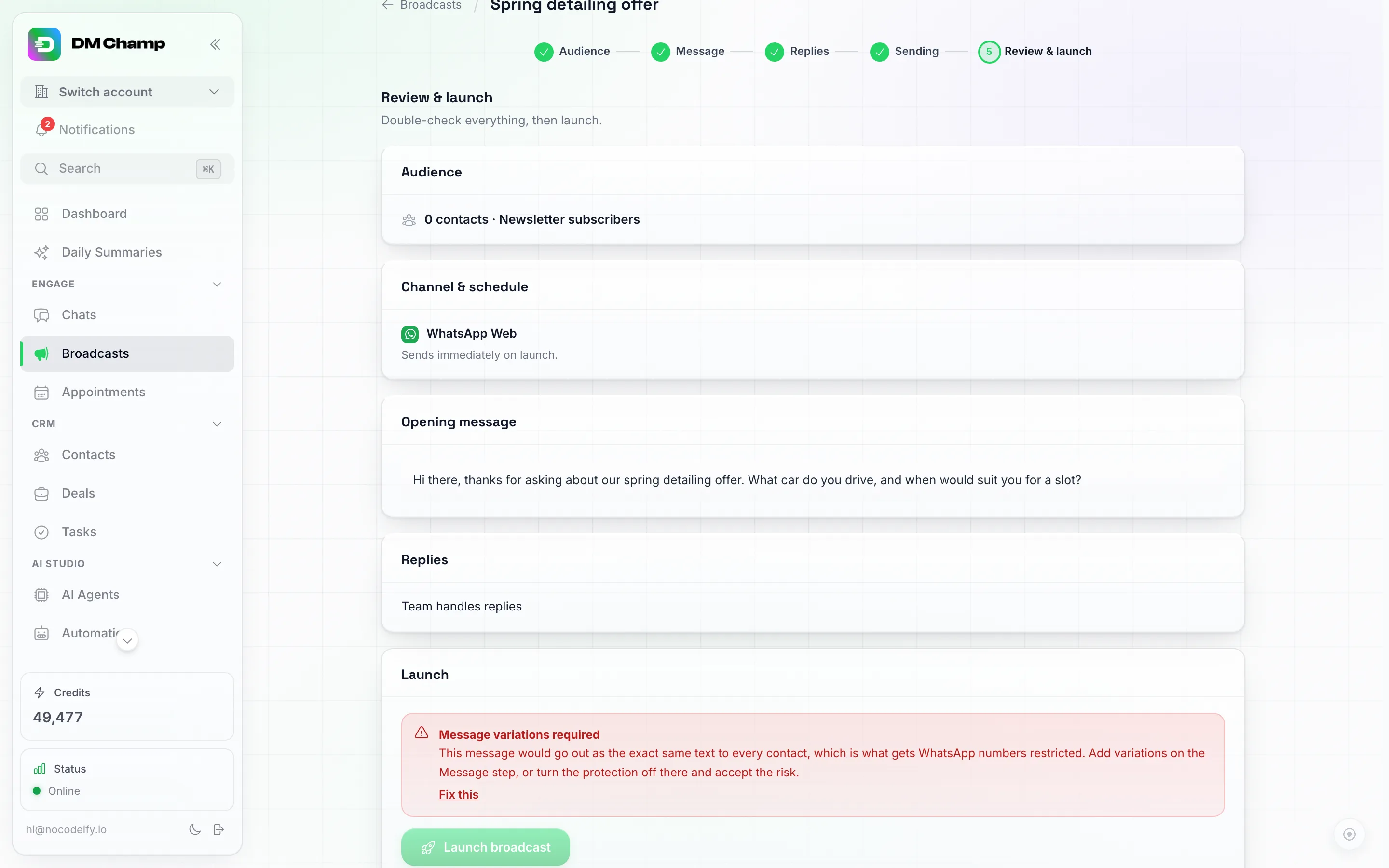 Tarkista ja julkaise -vaihe, jossa on punainen