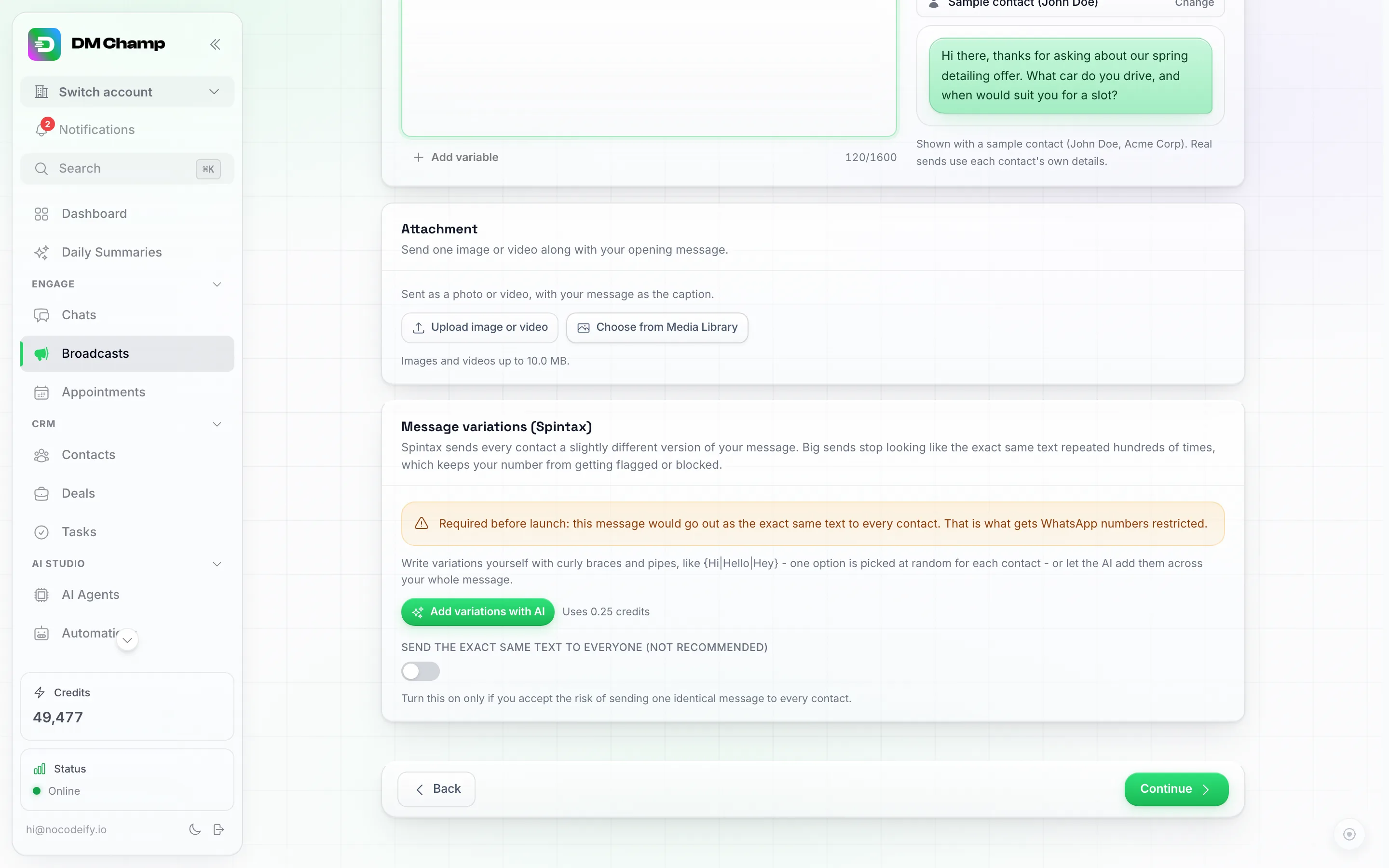 Viestiversiot (Spintax) -osio WhatsApp Web -lähetyksessä, jossa on selkeä aloitus: keltainen 