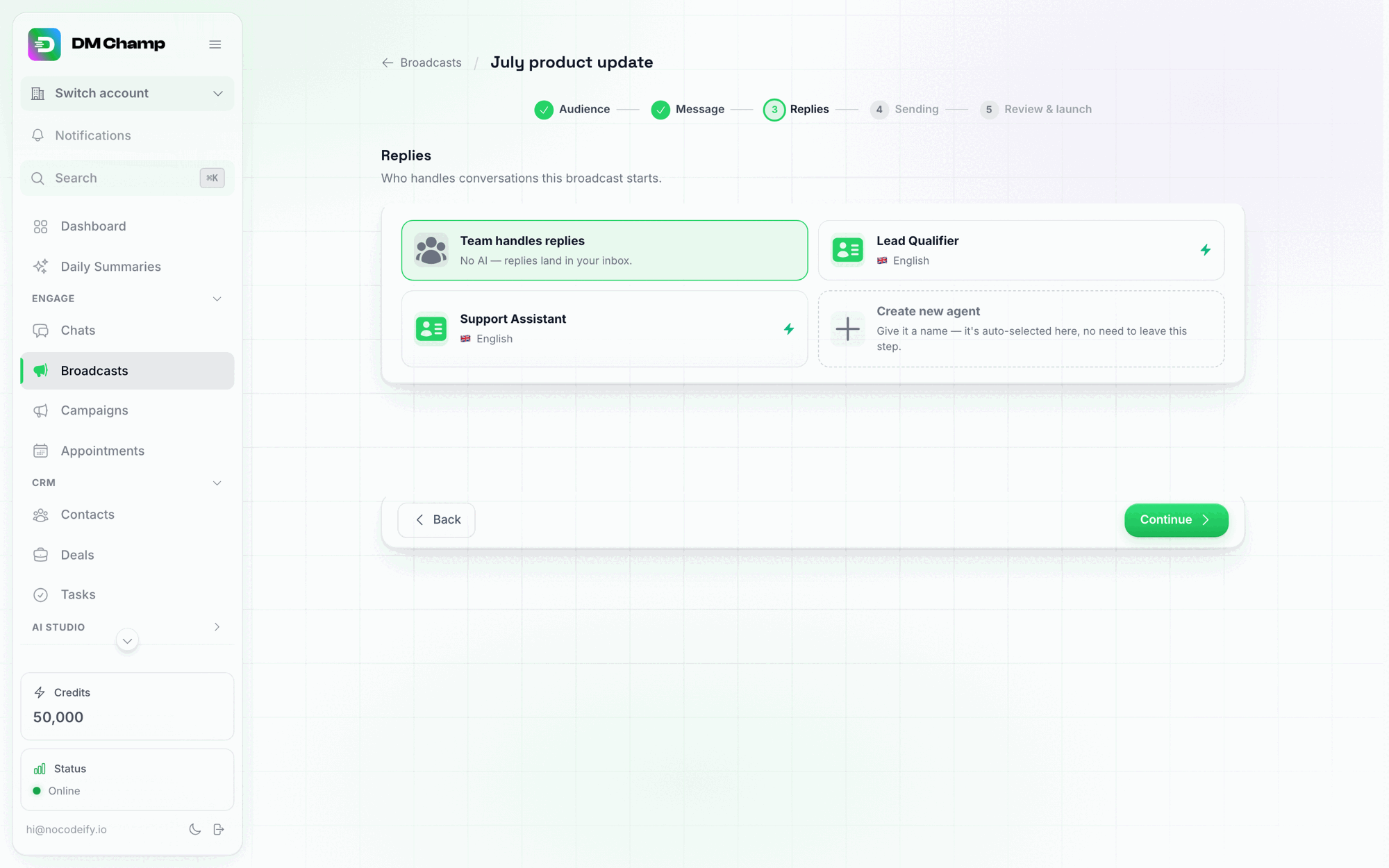 The broadcast wizard's Replies step with an agent picker and a Team handles replies option