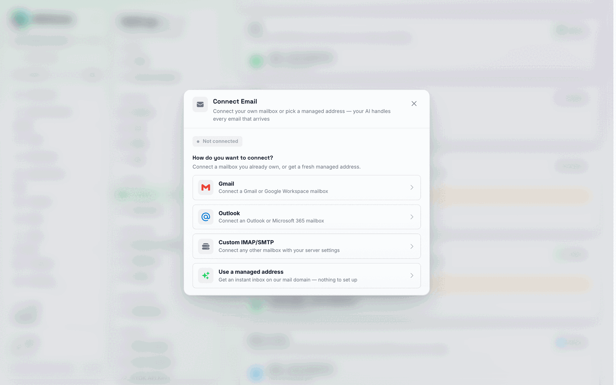 The Connect Email modal, listing four connection options: Gmail, Outlook, Custom IMAP/SMTP, and Use a managed address