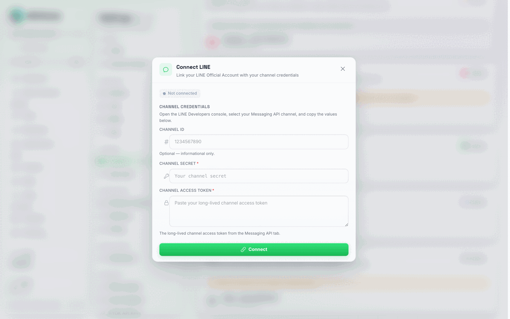 O modal Conectar LINE, com campos para ID do canal, segredo do canal e token de acesso do canal, e um botão verde Conectar
