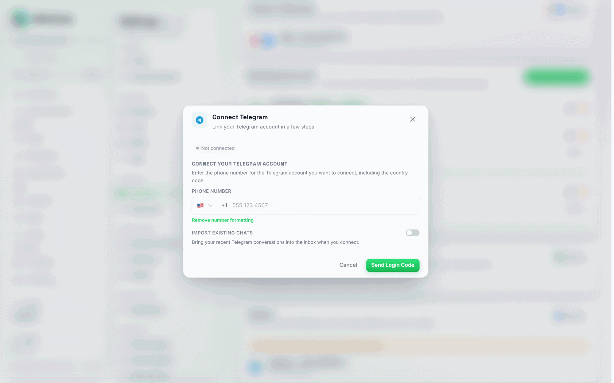 A janela modal Ligar Telegram, com um campo para o número de telefone, um interruptor para Importar conversas existentes e um botão Enviar Código de Início de Sessão