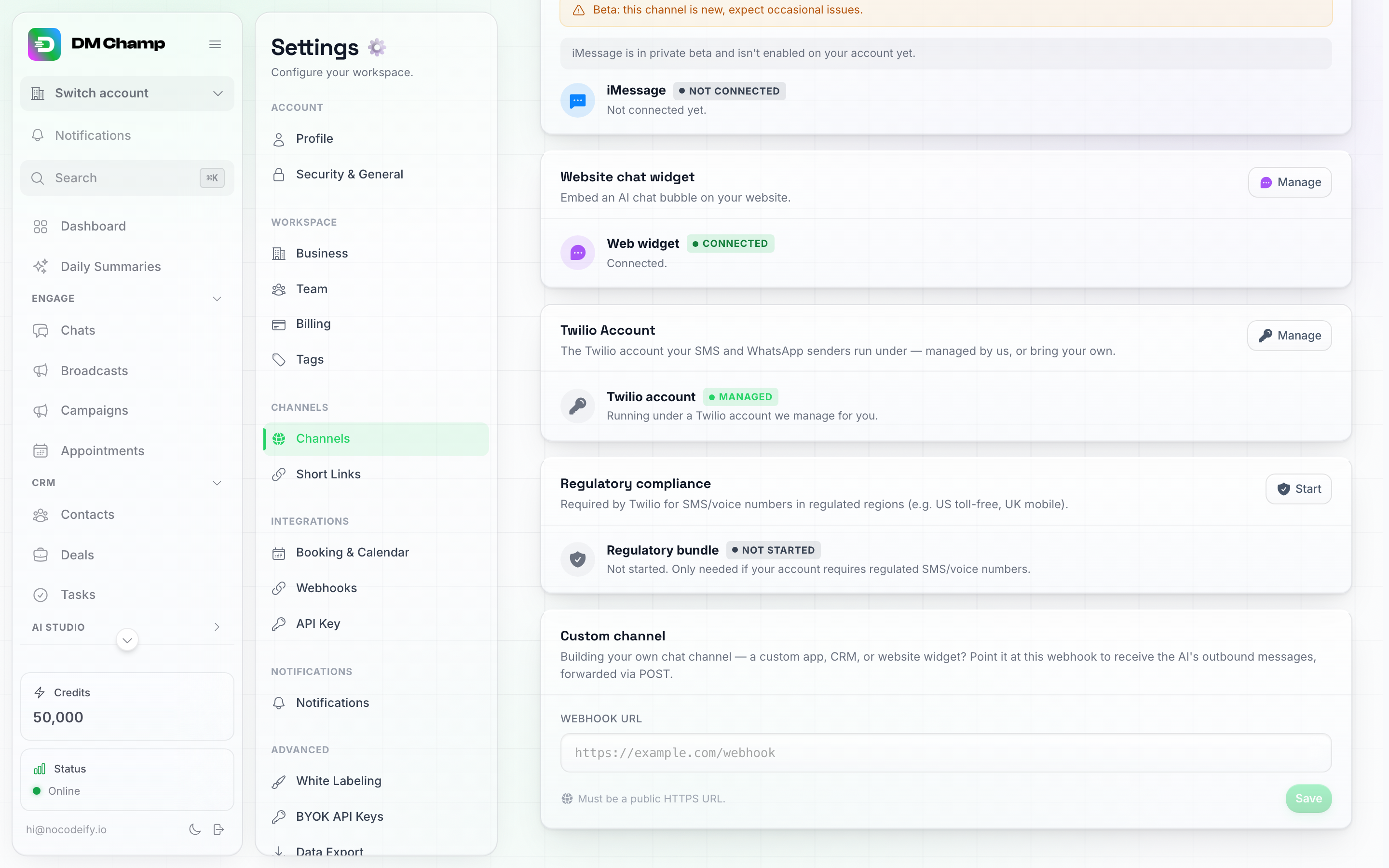 Ayarlar → Kanallar listesinin alt kısmı; iMessage, Web sitesi sohbet aracı, Twilio Hesabı, Mevzuat uyumluluğu ve Özel kanal kartlarının üst üste dizilmiş halini gösterir