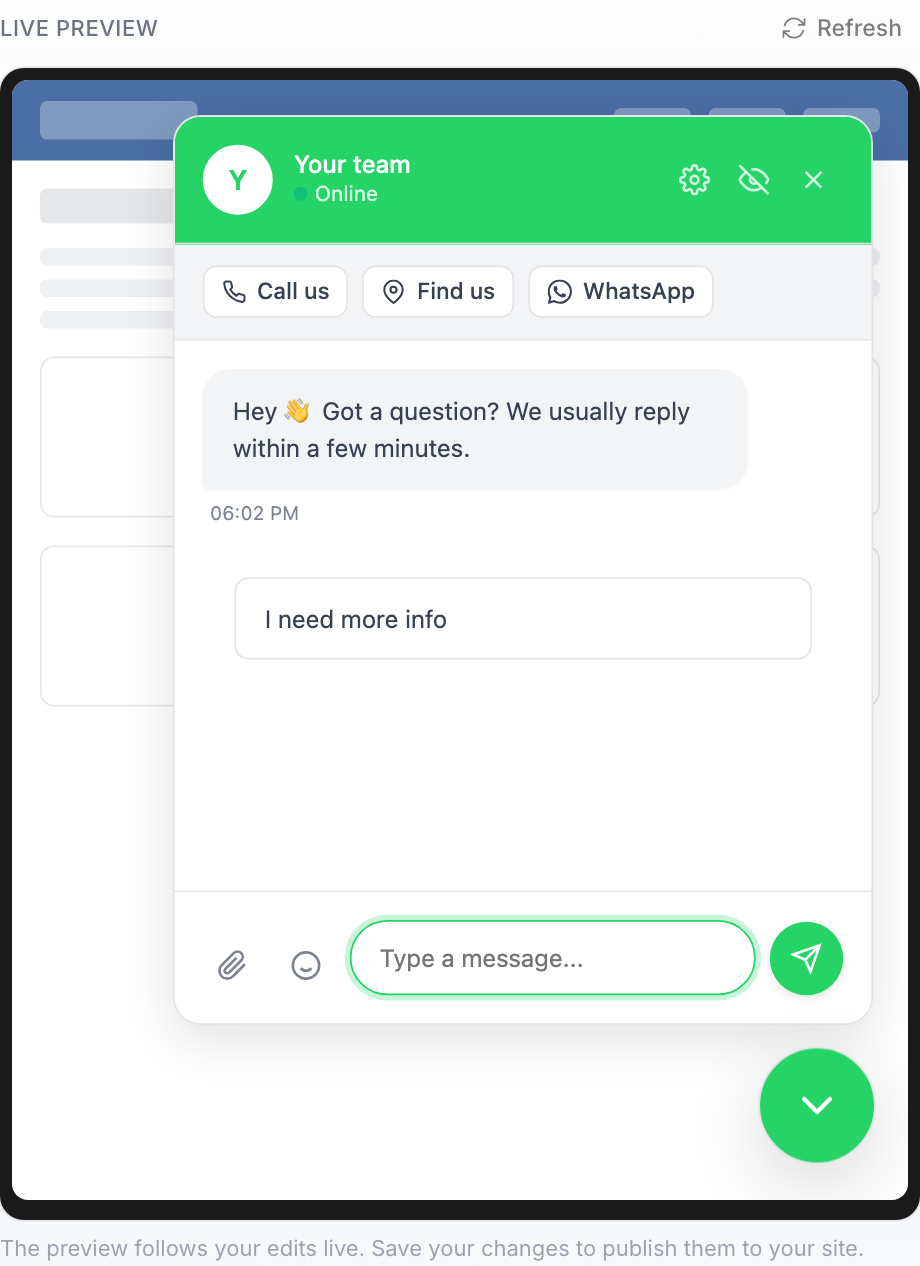 Widgetul de chat deschis pe un site web cu un rând de trei butoane de acțiune în partea de sus: Sună-ne, Găsește-ne și WhatsApp
