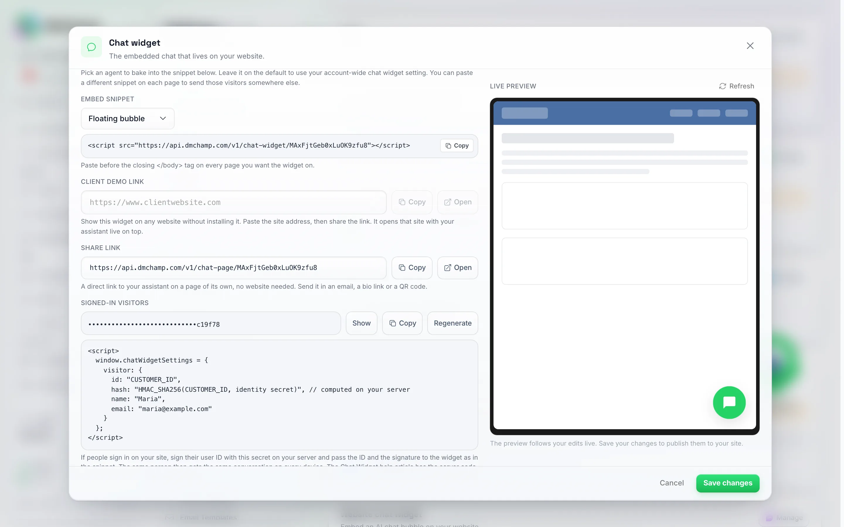 The Channels & Embed section of the chat widget Manage panel, with the Share link row under Client demo link showing a read-only chat-page link and its Copy and Open buttons