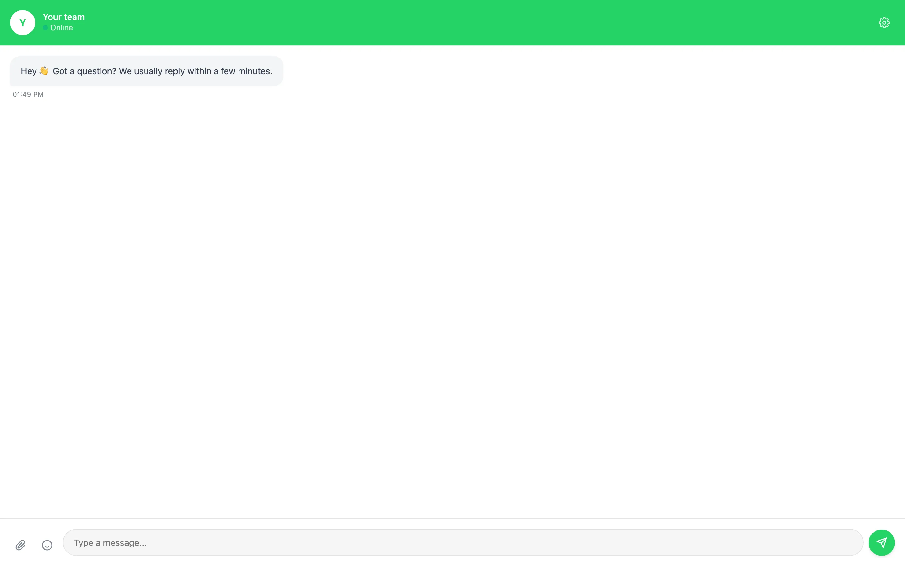 The share link opened in a browser: the assistant fills the whole window, with the header, the greeting message and the message box at the bottom