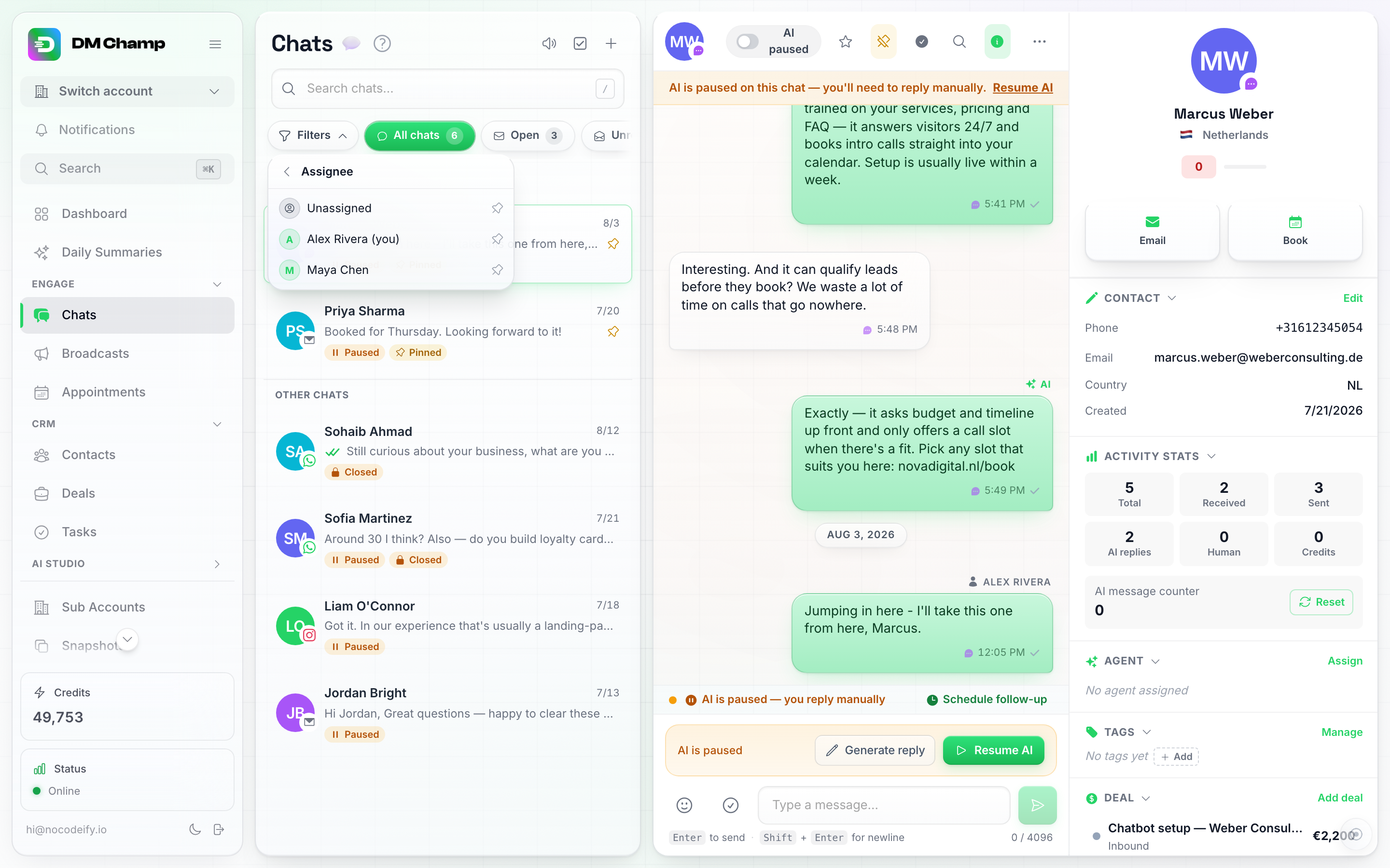 O painel de Filtros de Chats detalhando a seção Responsável, com uma seta de voltar acima de Não atribuído, a linha da pessoa conectada marcada como (você) e o nome de um colega de equipe abaixo, cada linha contendo um pequeno ícone de alfinete