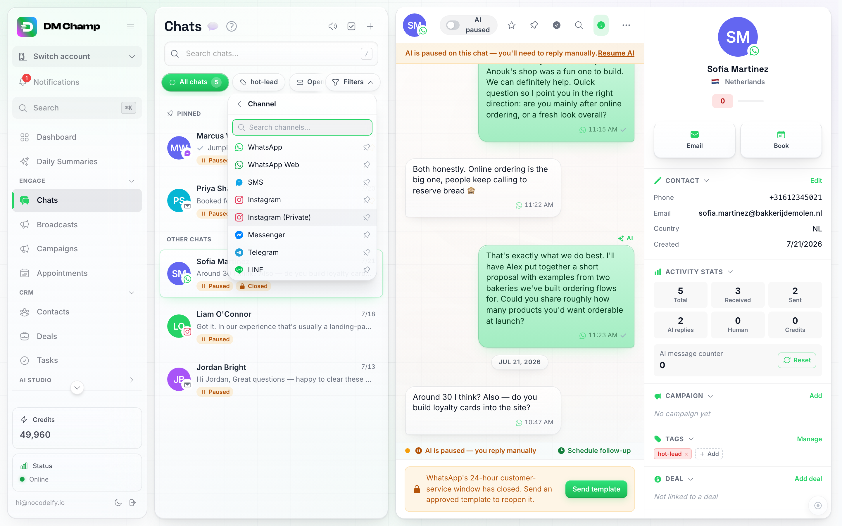 O painel de Filtros detalhado na seção Canal, com uma seta de voltar e uma caixa de Pesquisar canais acima de WhatsApp, WhatsApp Web, SMS, Instagram, Instagram (Pessoal), Messenger, Telegram e LINE, cada linha contendo um pequeno ícone de alfinete à direita