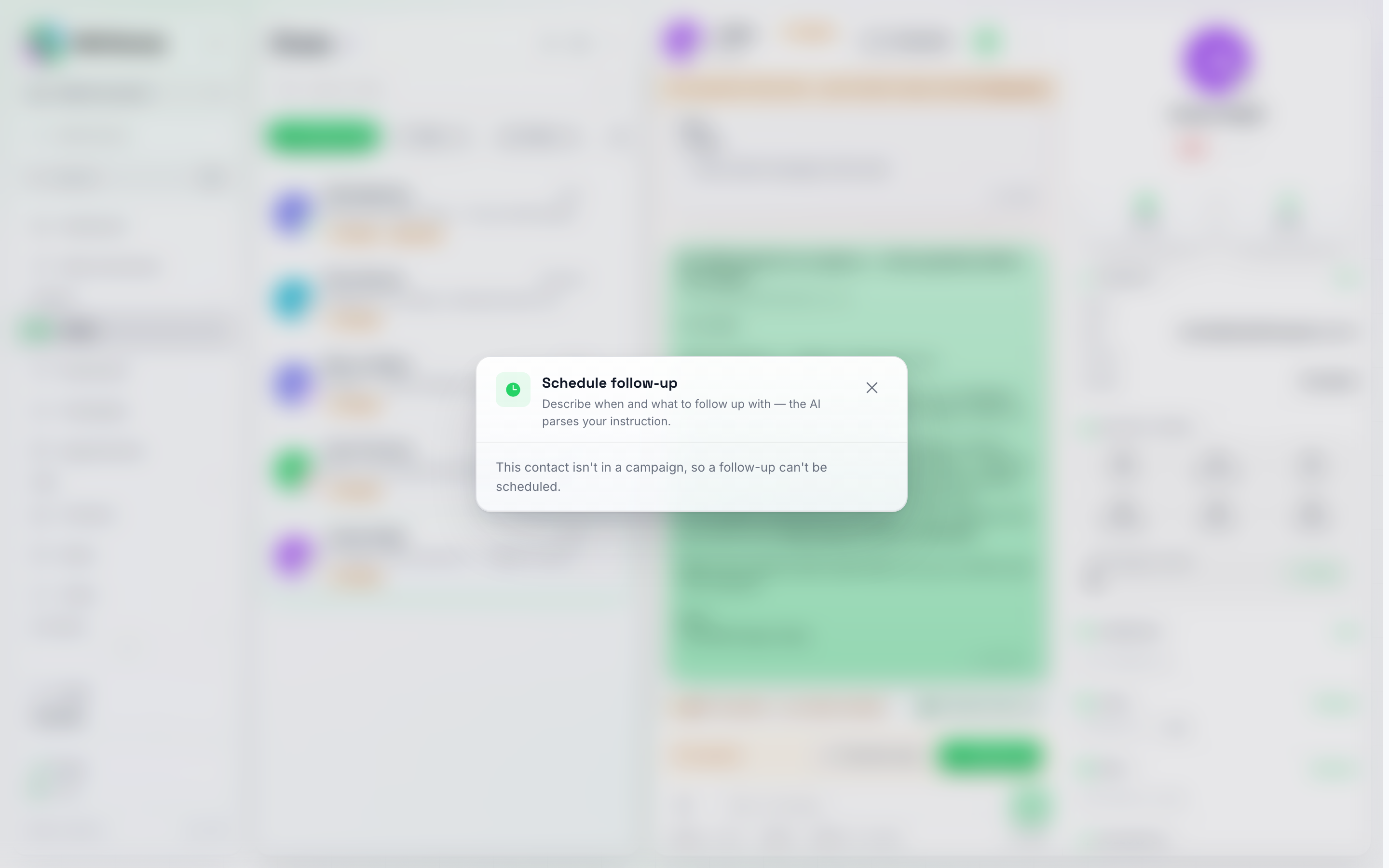 A caixa de diálogo Agendar acompanhamento para um contato sem campanha, mostrando o aviso: este contato não está em uma campanha, portanto, um acompanhamento não pode ser agendado