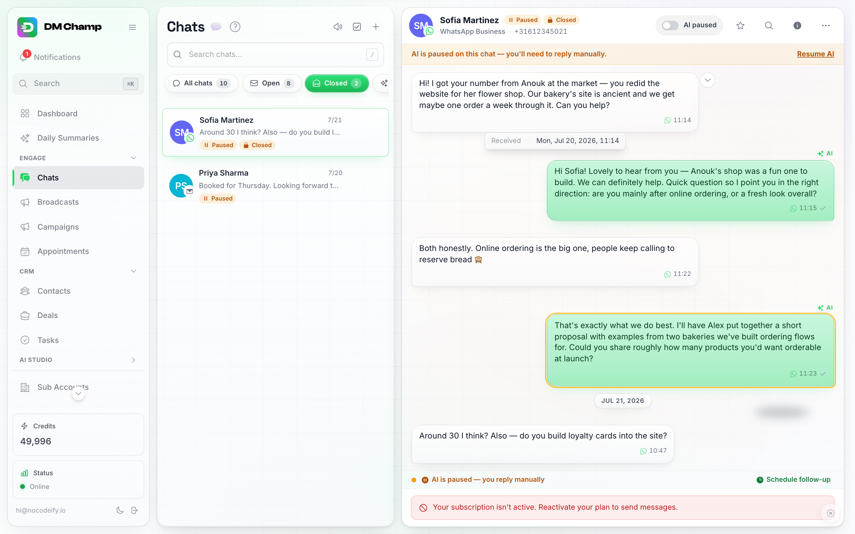 O fio da conversa após clicar em um resultado de pesquisa, com a mensagem correspondente contornada em âmbar