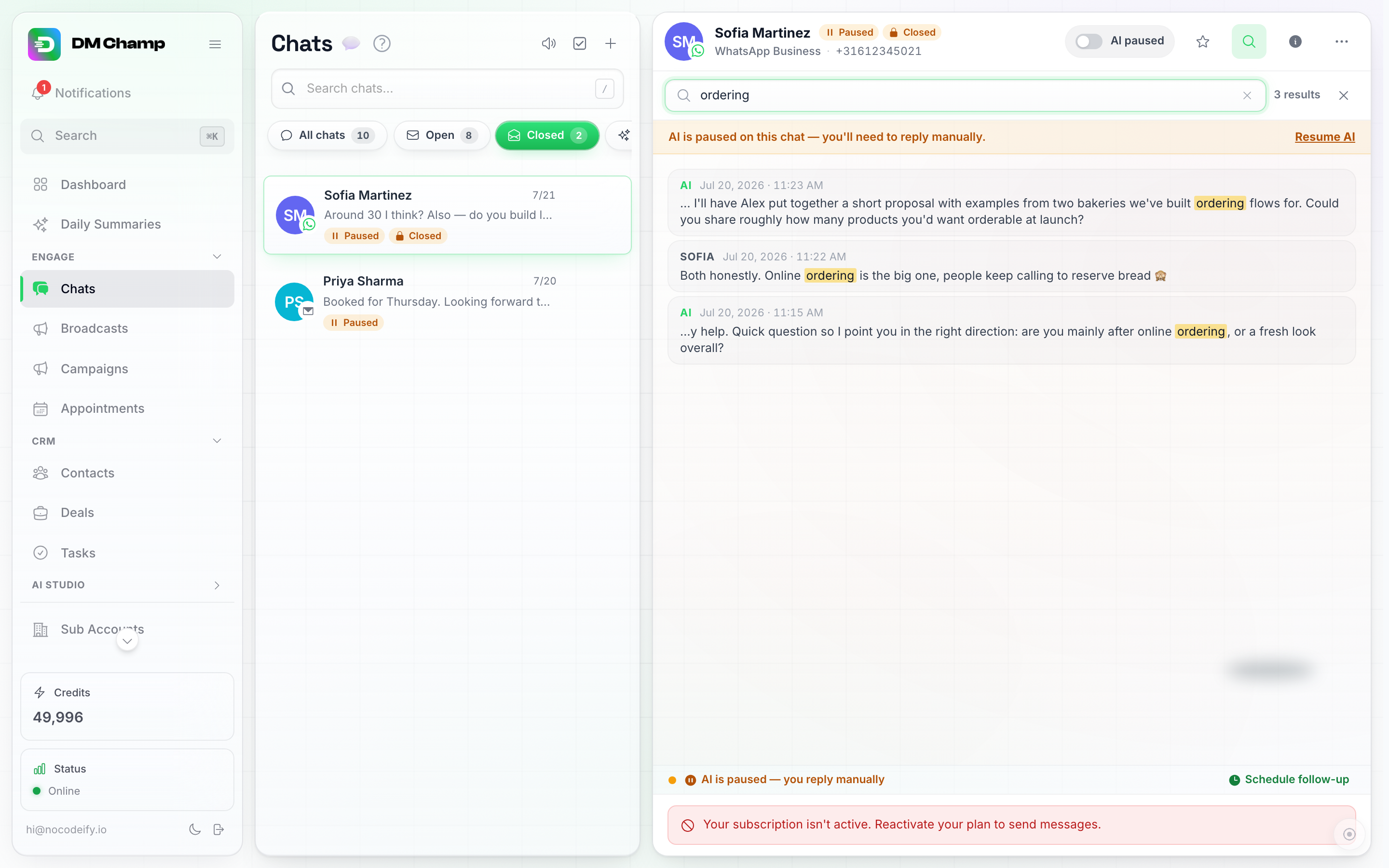 שורת החיפוש בכותרת השיחה עם המילה ordering מוקלדת, ושלוש הודעות תואמות המפורטות מתחתיה עם המילה מודגשת