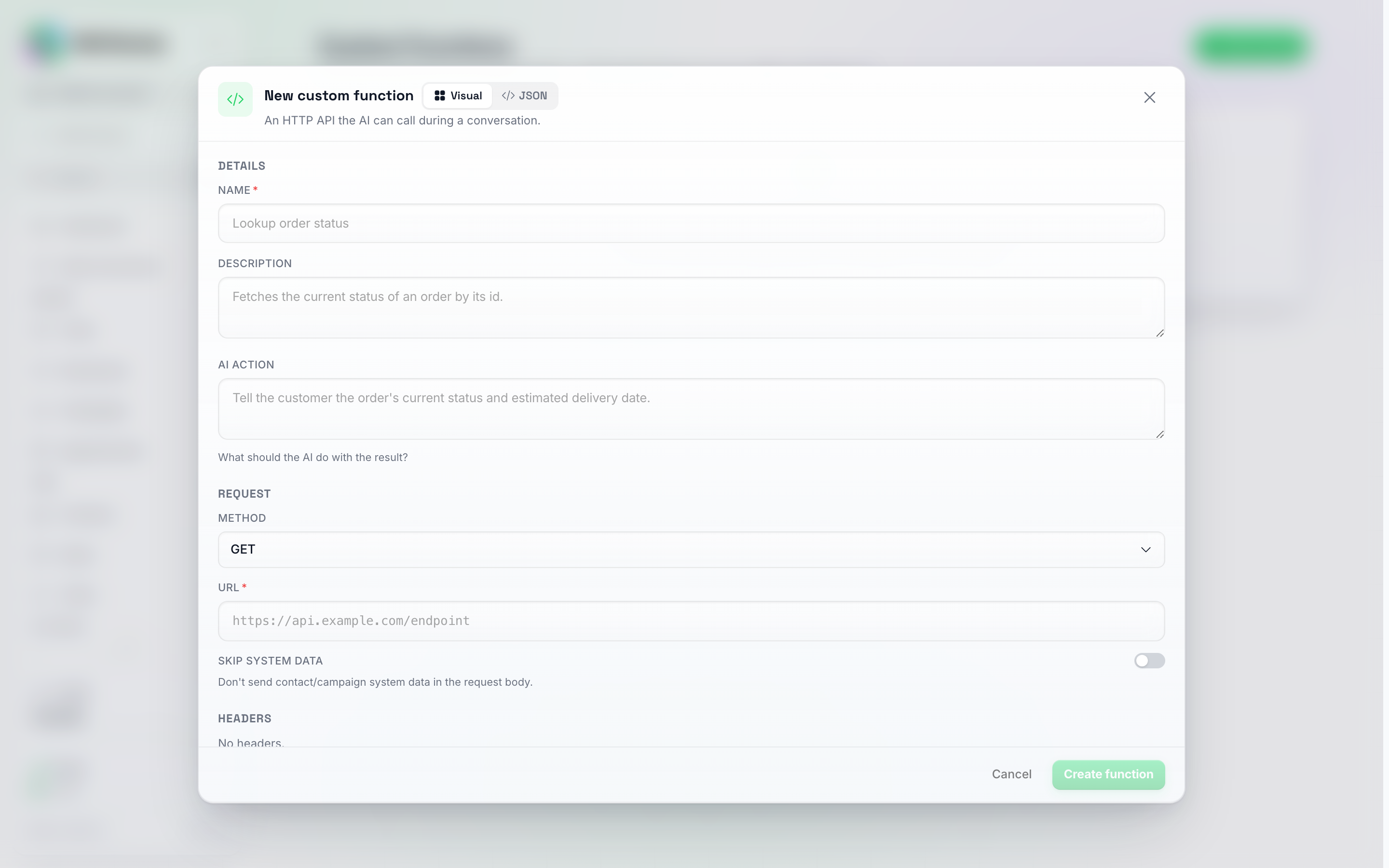 The New custom function pop-up, empty, showing Name, Description, and AI Action fields under Details, and Method and URL fields under Request
