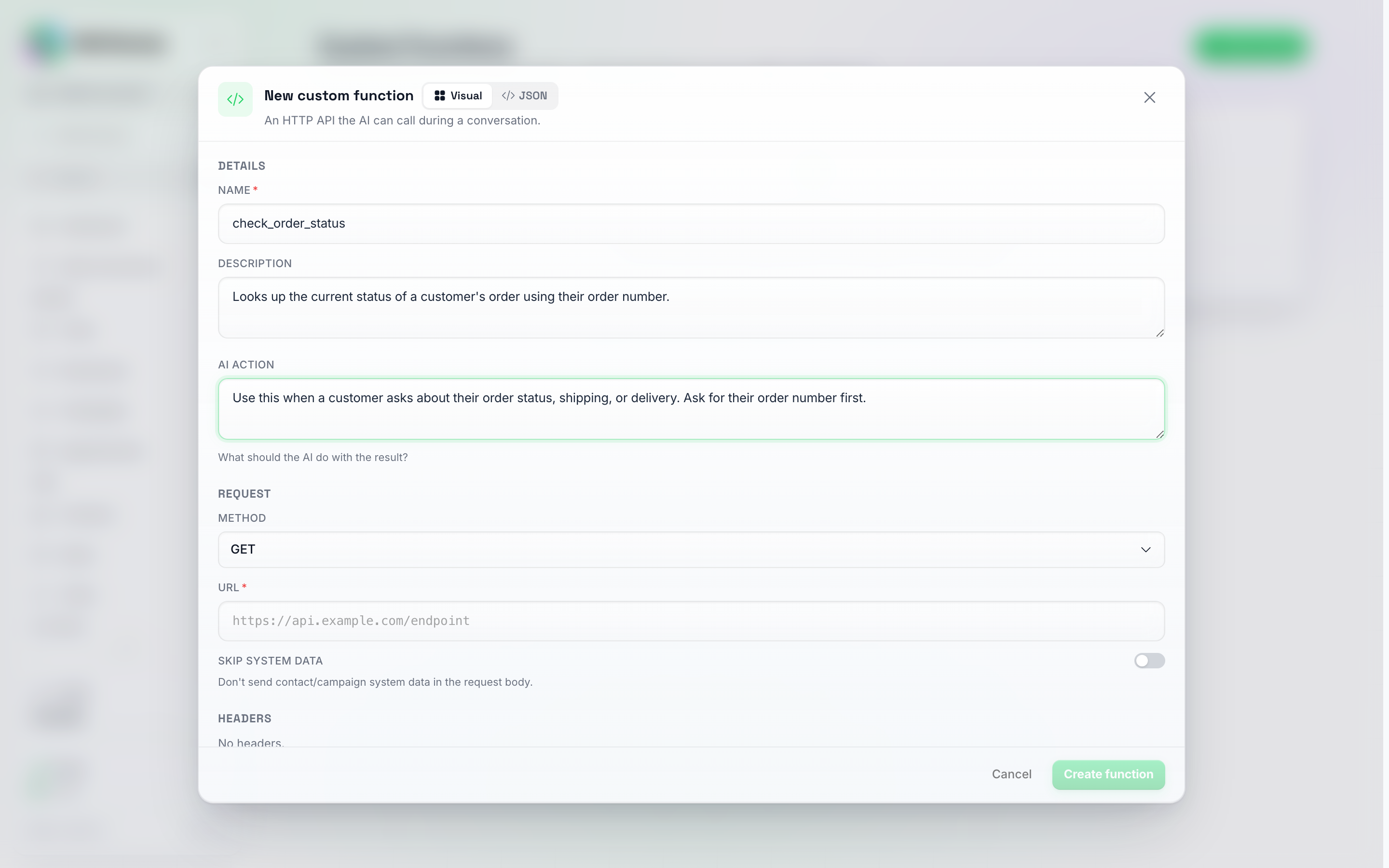 名前「check_order_status」、説明、およびいつ呼び出すかを説明するAIアクションが入力された「新しいカスタム関数」ポップアップの詳細セクション