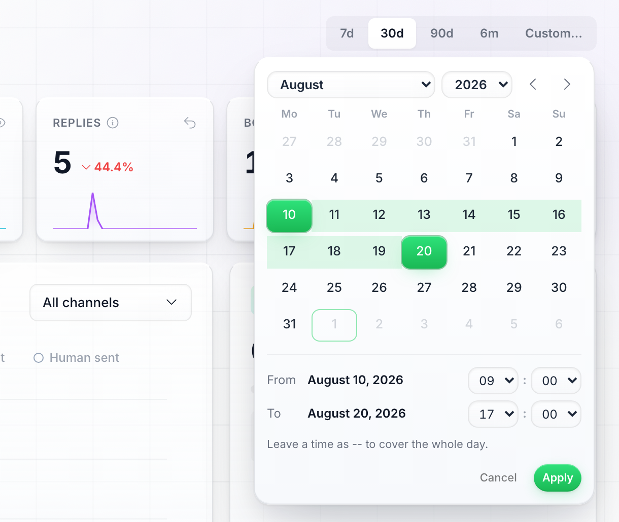 Selectorul de interval orar deschis pe Personalizat, afișând un calendar lunar cu un interval de zile evidențiat, un rând De la și un rând Până la care listează datele selectate cu căsuțe opționale pentru oră și minut, precum și butoanele Anulare și Aplicare
