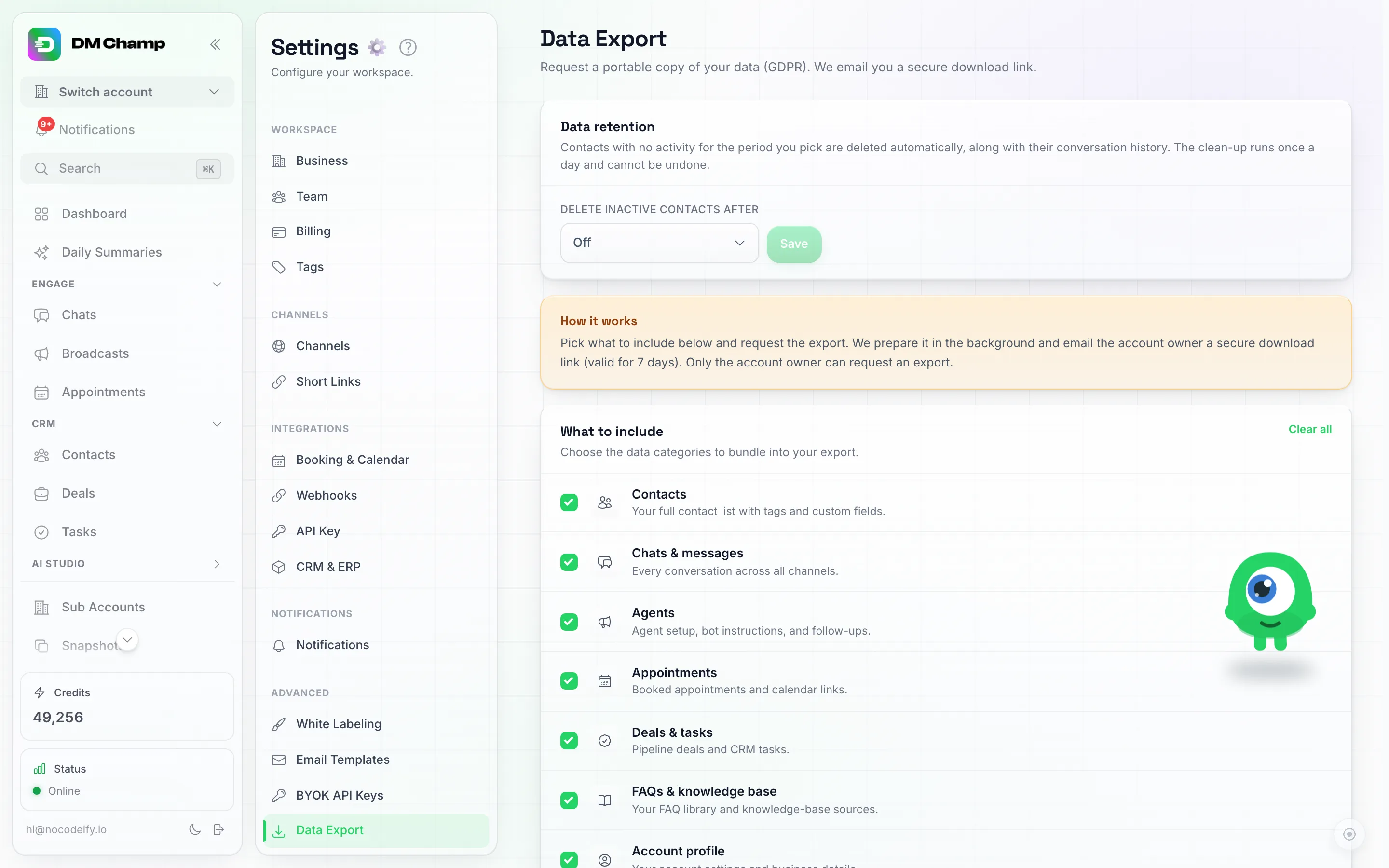 The Data Export page with Data Export highlighted in the Settings menu, showing a Data retention card, a How it works notice, and a What to include card with seven checked categories: Contacts, Chats & messages, Agents, Appointments, Deals & tasks, FAQs & knowledge base, and Account profile