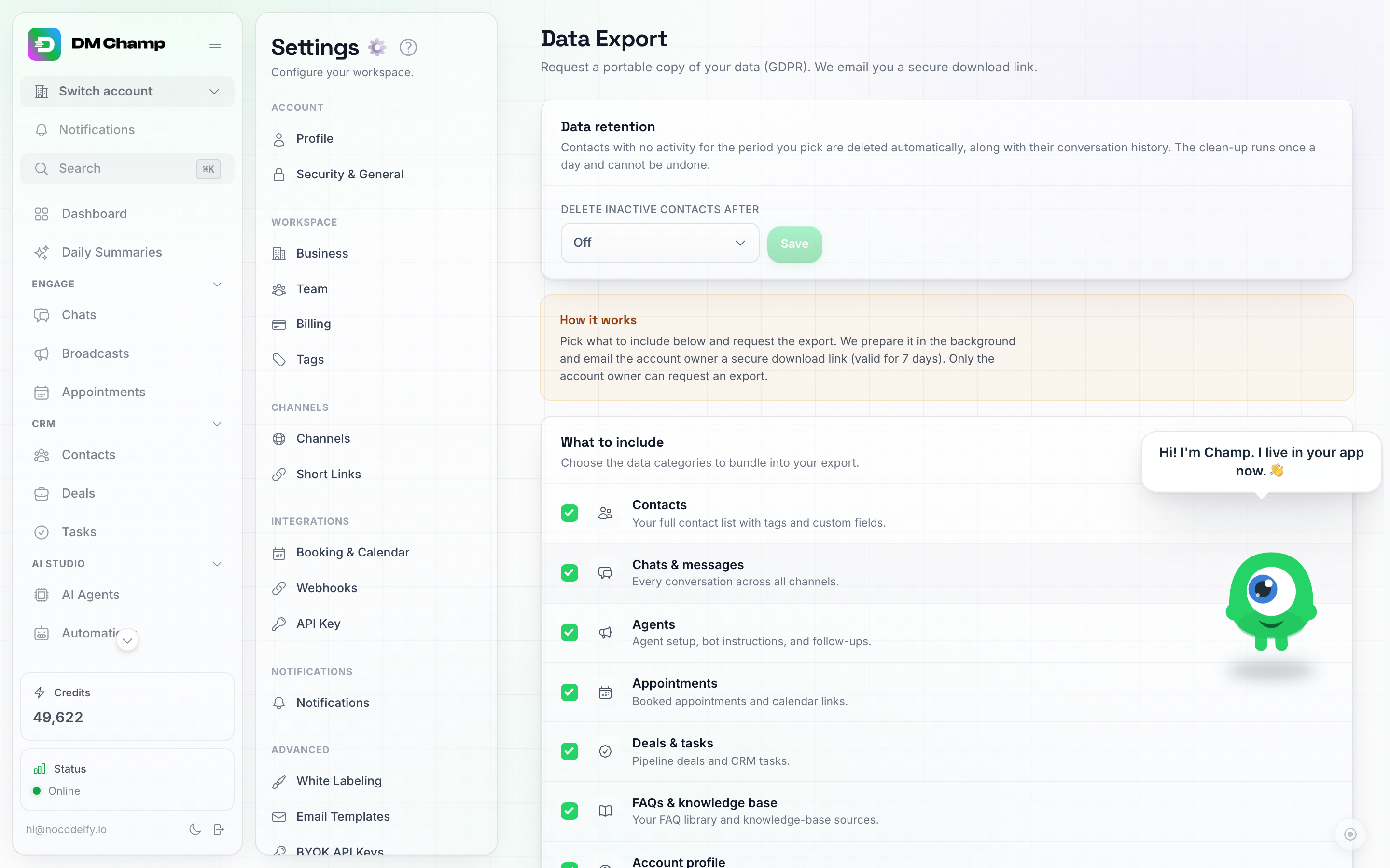 The Data Export settings page with the Data retention card at the top: a Delete inactive contacts after dropdown set to Off, and a Save button