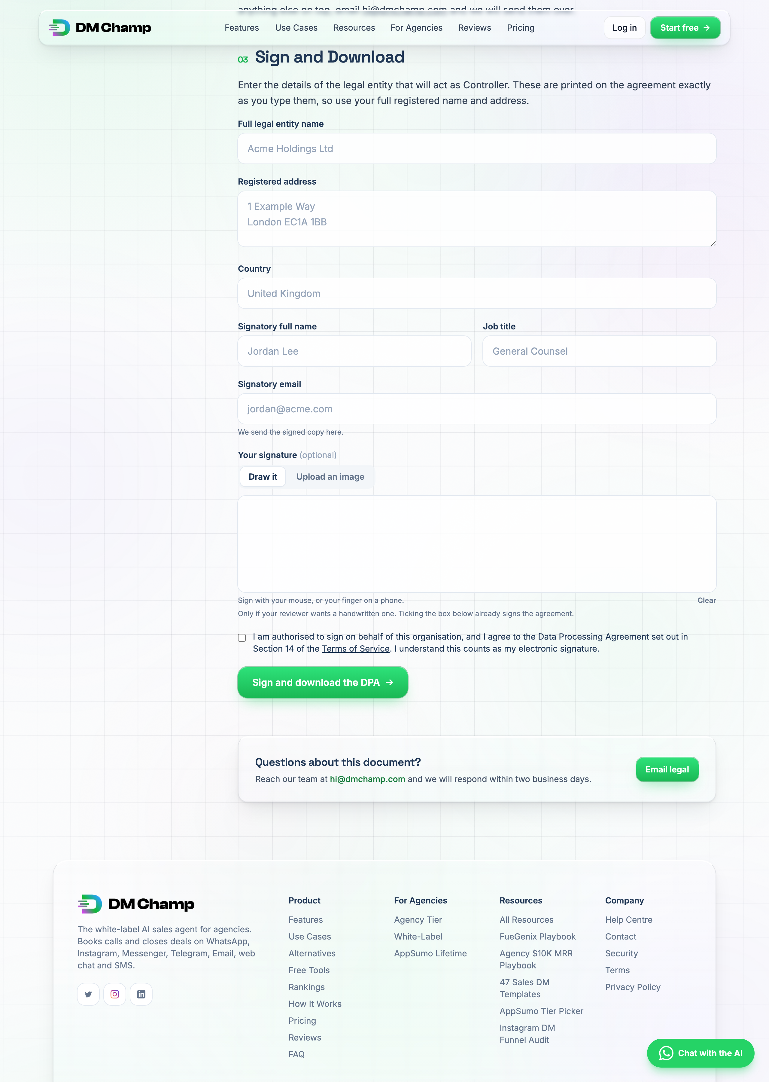 The bottom of the Sign and Download section, showing the blank signature pad, the confirm-authority checkbox, and the green Sign and download the DPA button
