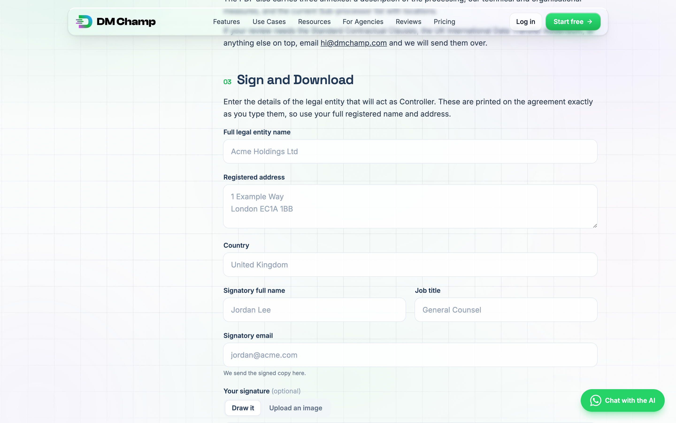 The Sign and Download section of the DPA page, with fields for Full legal entity name, Registered address, Country, Signatory full name, Job title, Signatory email, and a Draw it / Upload an image signature option