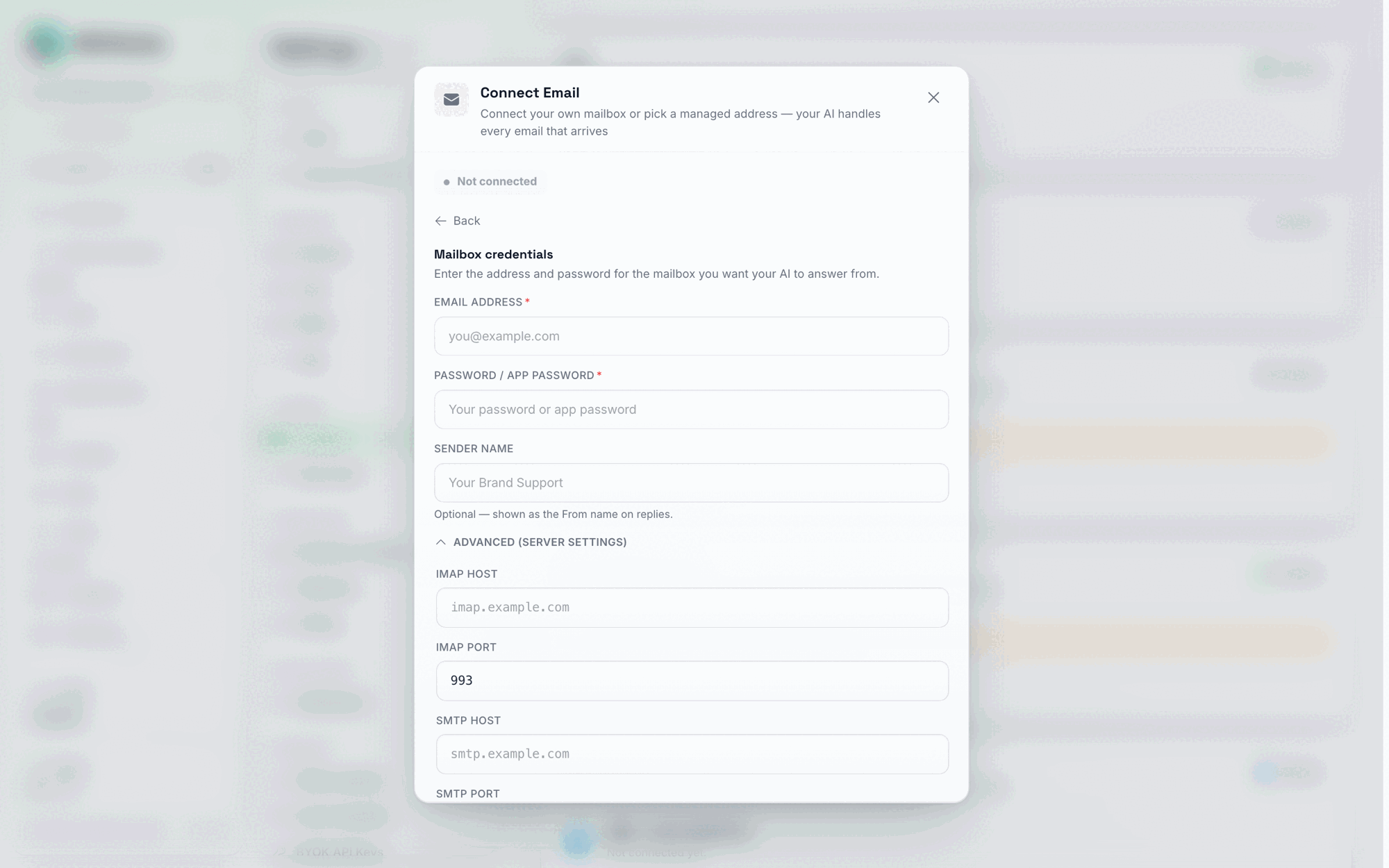 The Mailbox credentials form inside the Connect Email modal, with Email Address, Password, Sender Name fields and an expanded Advanced server settings section showing IMAP/SMTP host and port fields