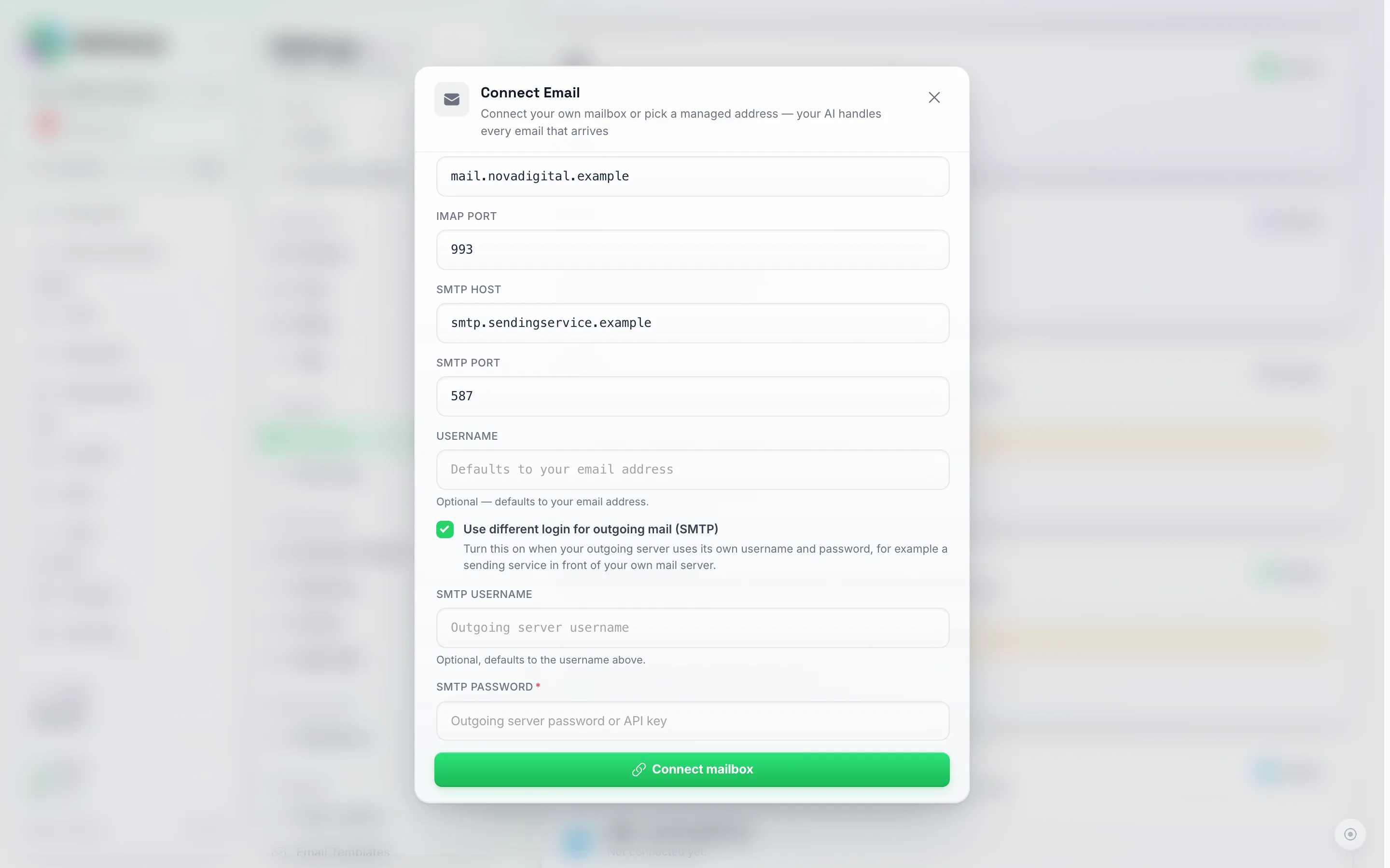 نافذة الاتصال بالبريد الإلكتروني (Connect Email) مع التمرير إلى إعدادات الخادم المتقدمة الموسعة: مضيف ومنفذ IMAP، ومضيف ومنفذ SMTP، واسم المستخدم، وخيار