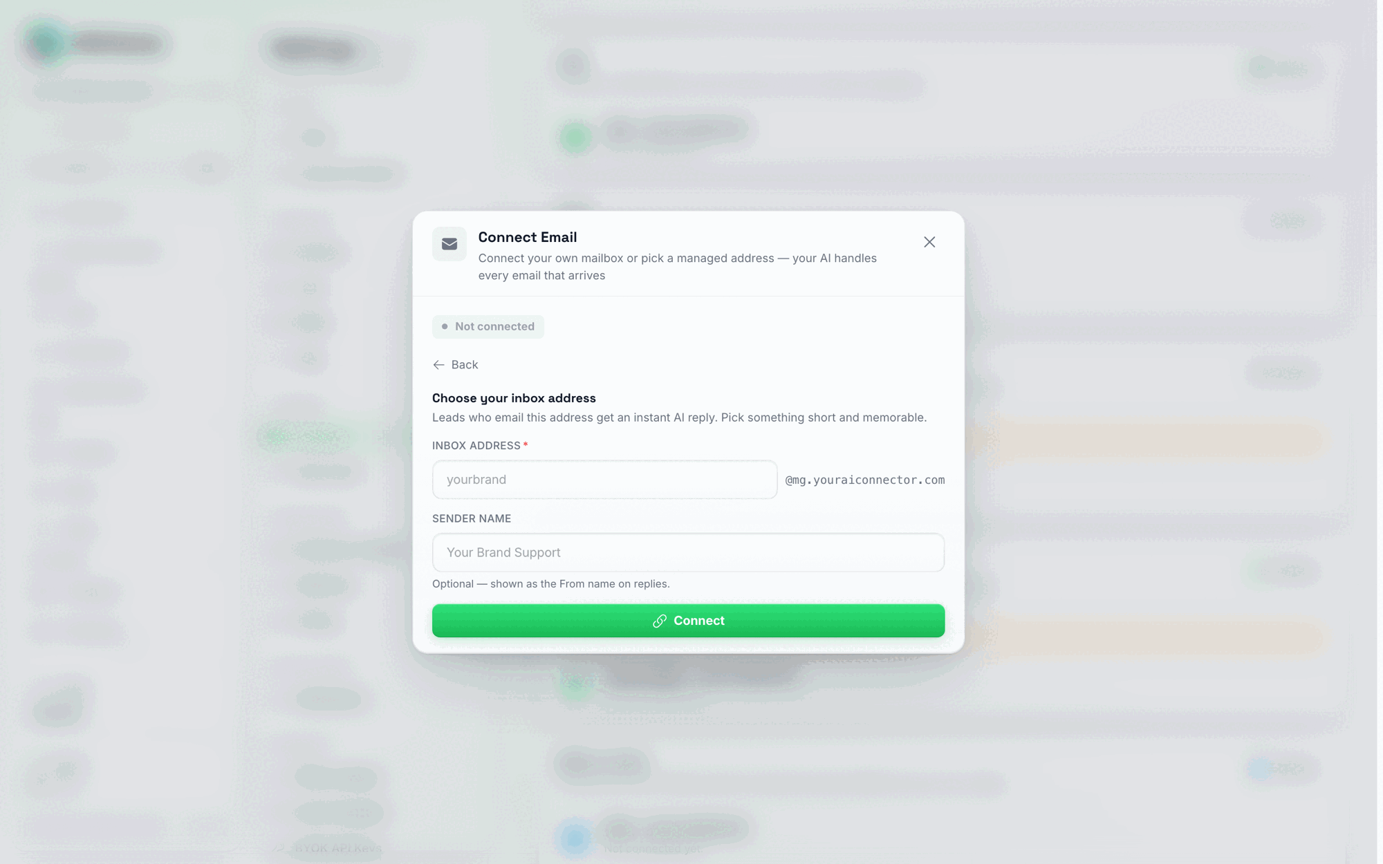 The Choose your inbox address form, with an Inbox Address field prefixed by the mg.youraiconnector.com domain, a Sender Name field, and a Connect button