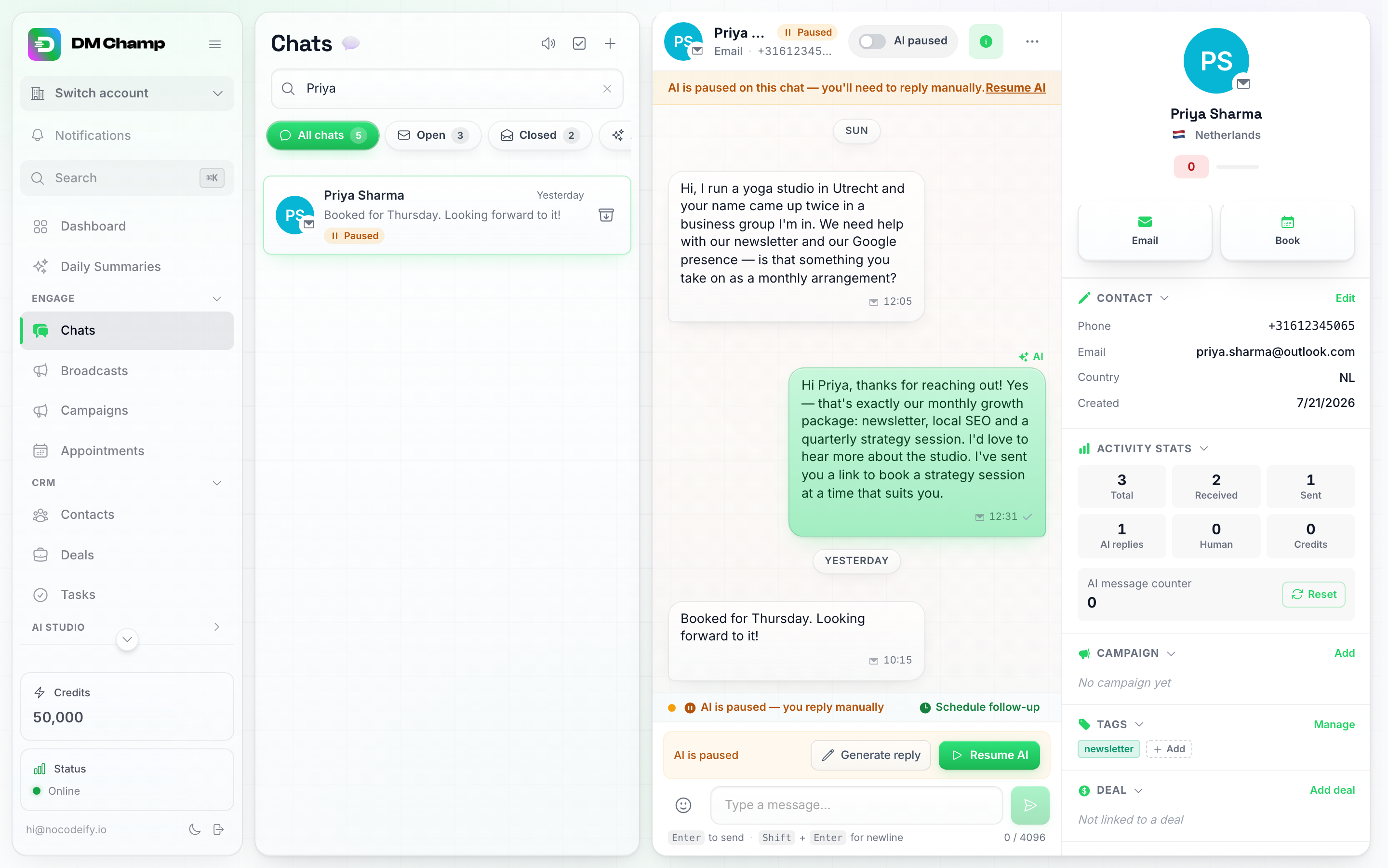 An email conversation open in Chats, showing the Email channel badge next to the contact's name, the threaded back-and-forth, and the contact panel with Phone and Email fields