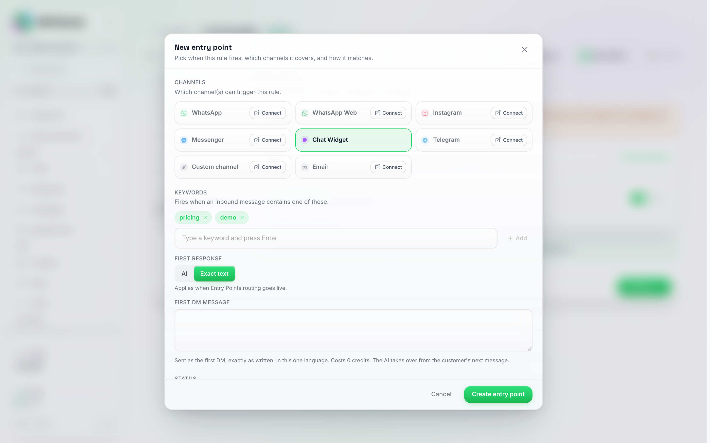 The First Response section set to Exact Text, showing the First DM Message textarea with a note that it costs 0 credits and the AI takes over from the customer's next message