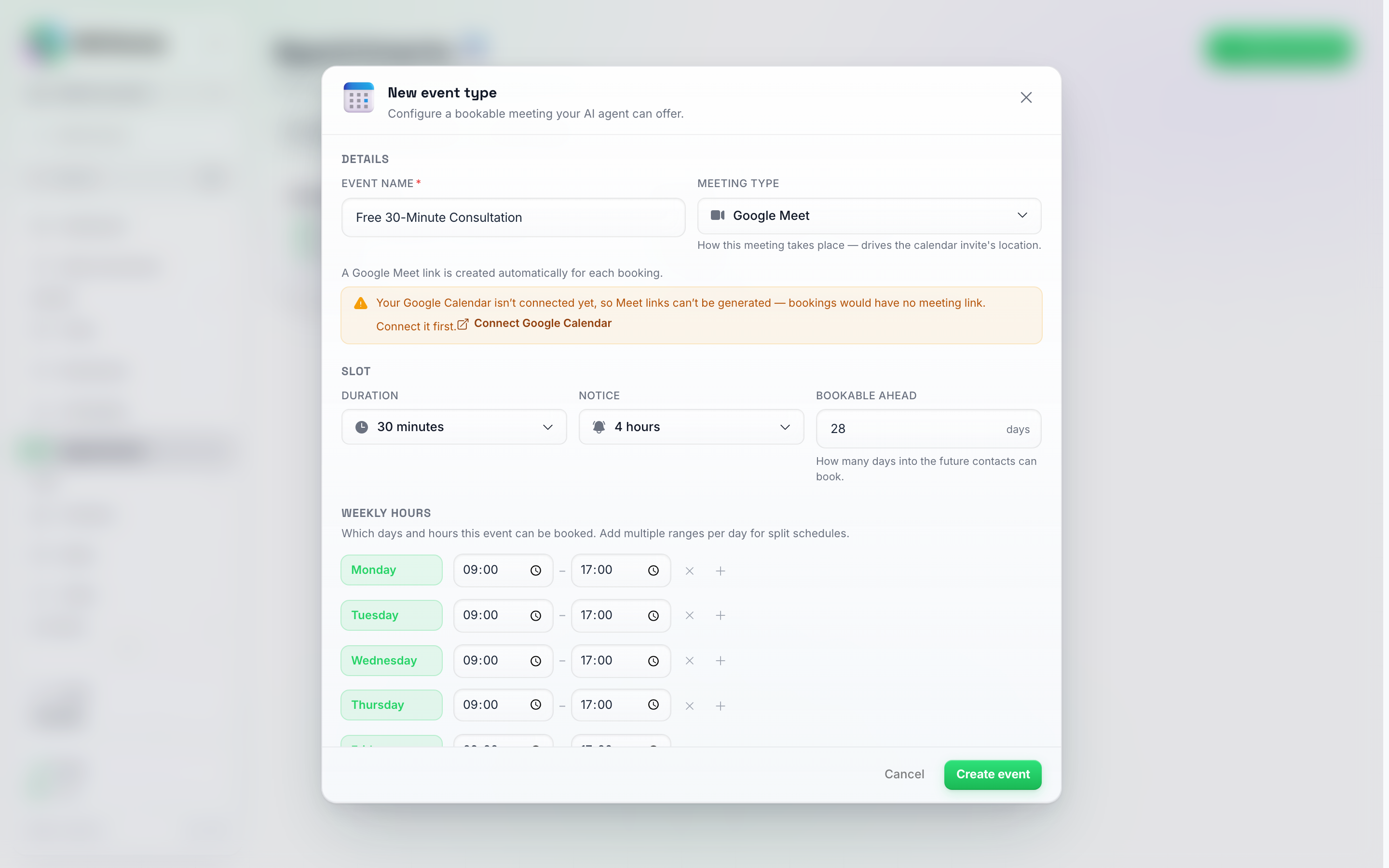 O formulário de evento com Google Meet selecionado, mostrando o aviso de que o Google Agenda não está conectado com um link Conectar Google Agenda
