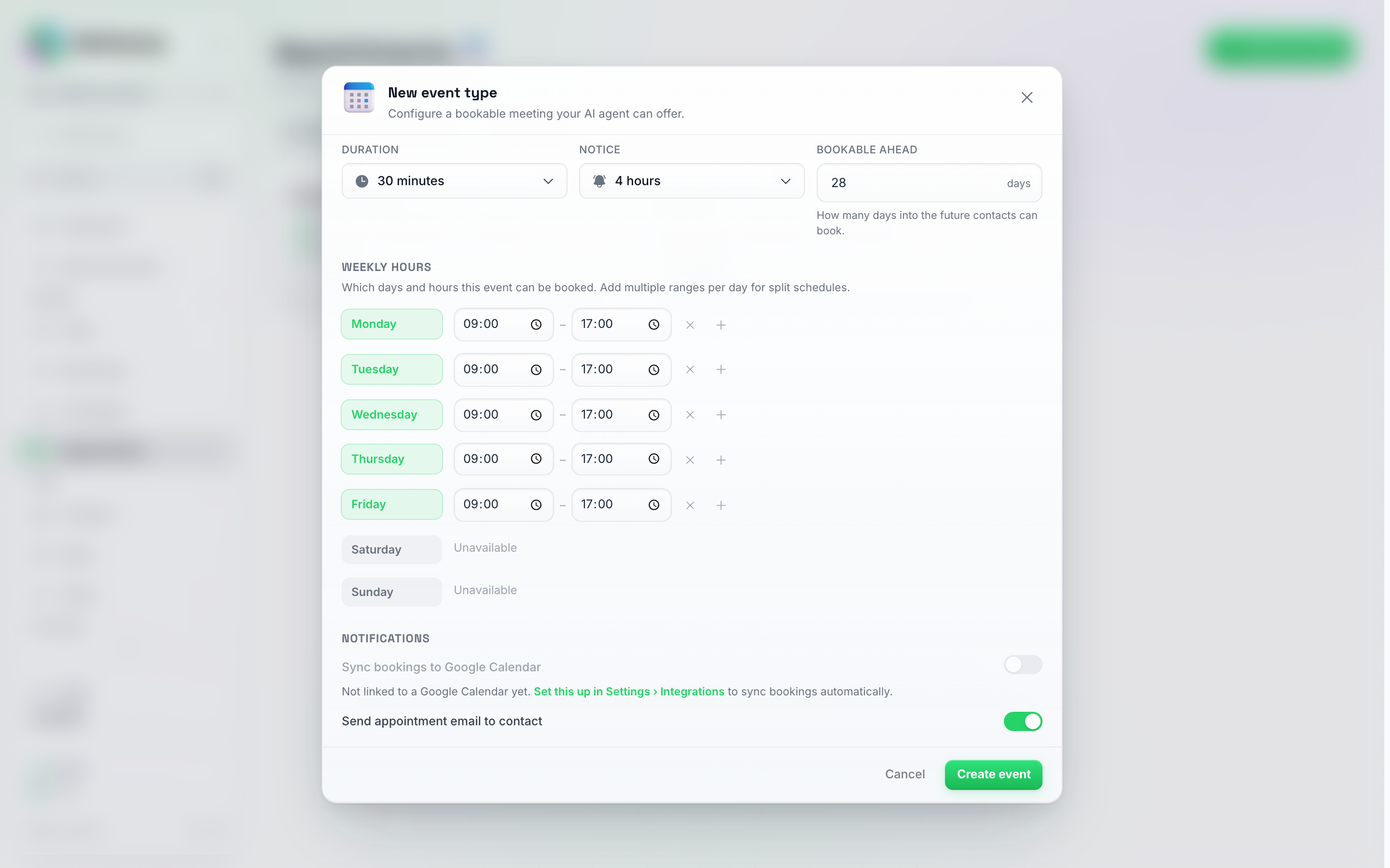 A parte inferior do formulário de tipo de evento, mostrando a alternância Sincronizar reservas com o Google Calendar na seção Notificações