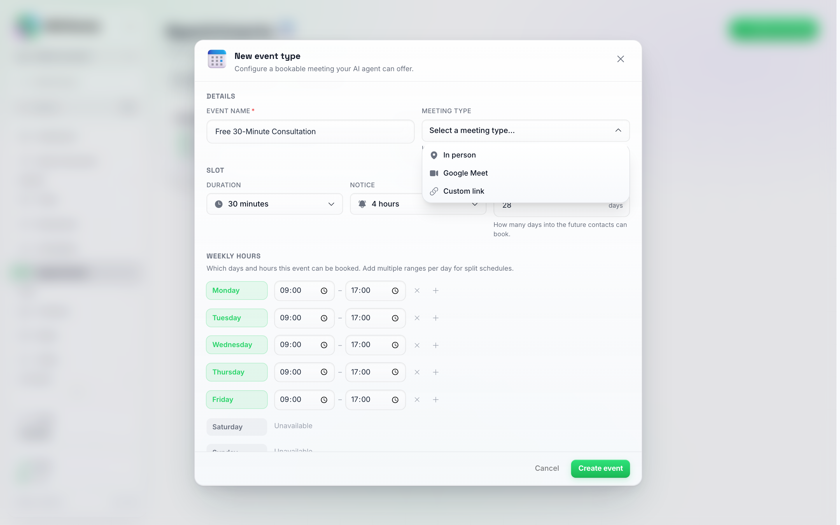 O menu suspenso de Tipo de reunião aberto, mostrando as opções Presencial, Google Meet e Link personalizado
