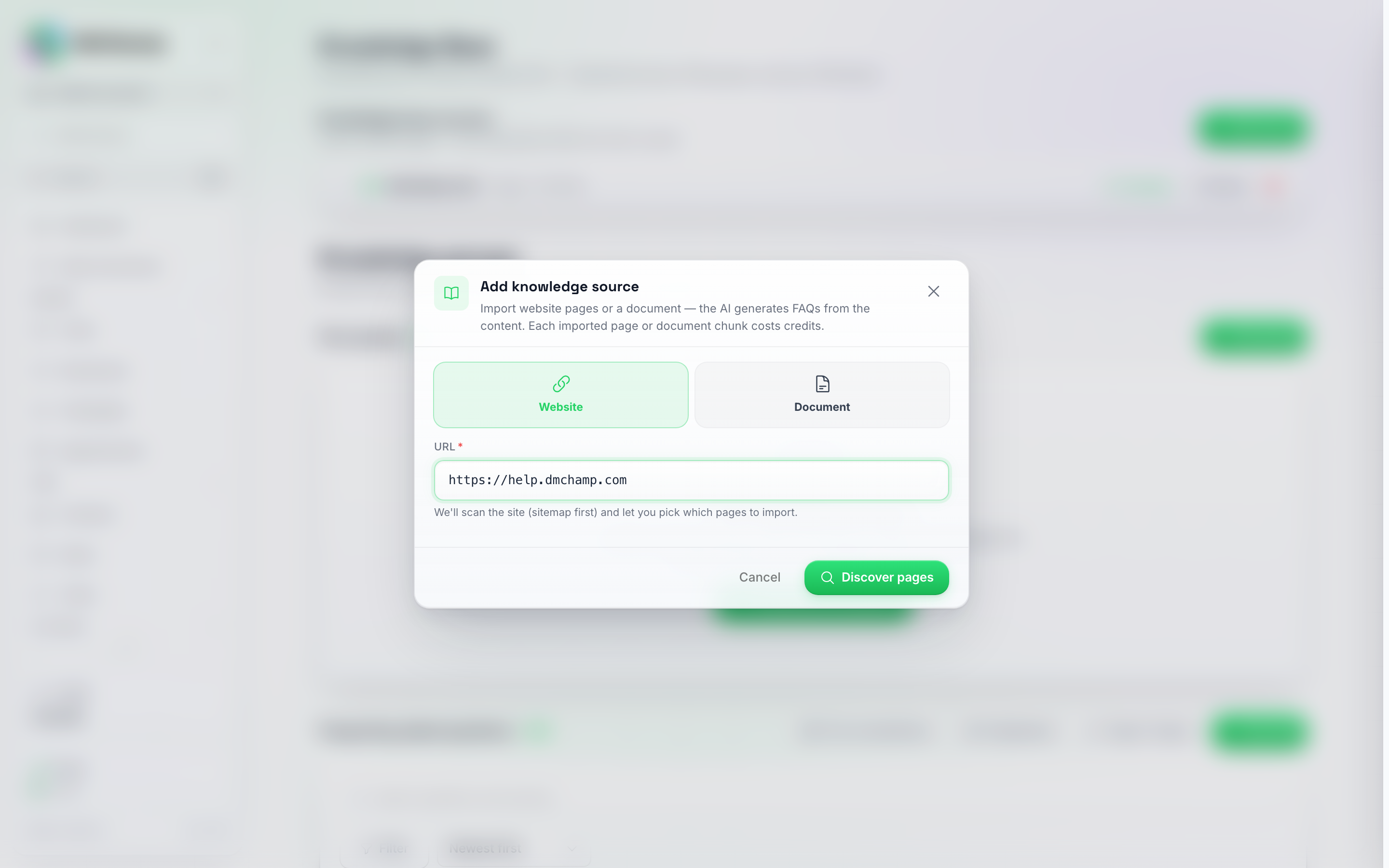 Pop-up-vinduet Tilføj videnskilde på fanen Hjemmeside med en URL indtastet og knappen Find sider
