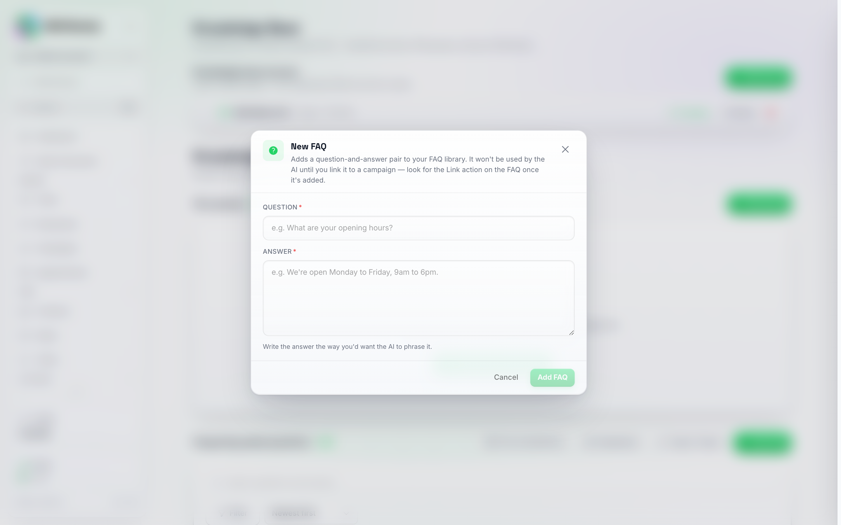 Den nye FAQ-pop-up med tomme felter til spørgsmål og svar