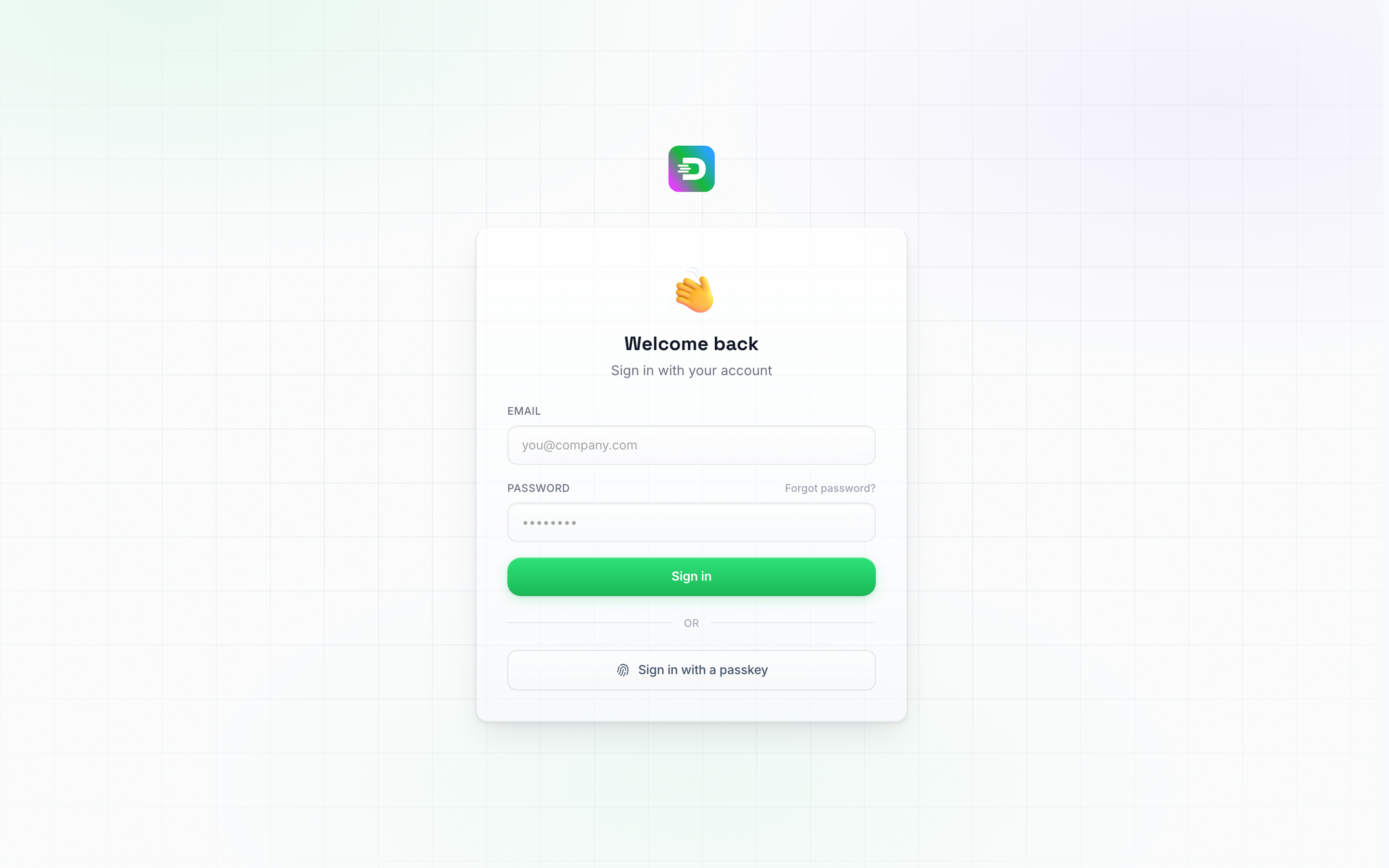 Layar masuk dengan kolom email dan kata sandi serta tombol Masuk dengan passkey di bawah tombol Masuk